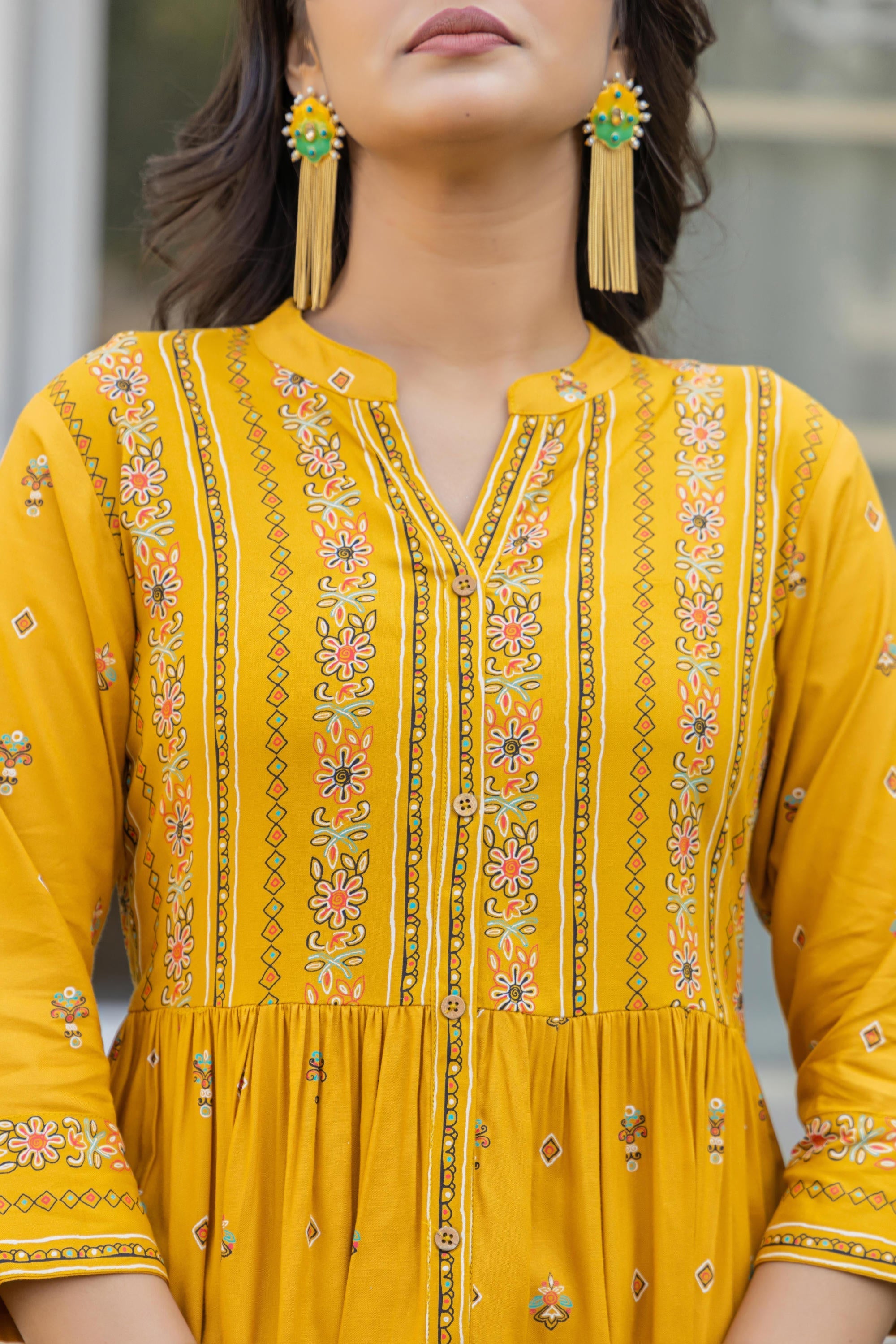 Juniper Women's Mustard Floral Printed Cotton Kurta With Thread Work & Lace