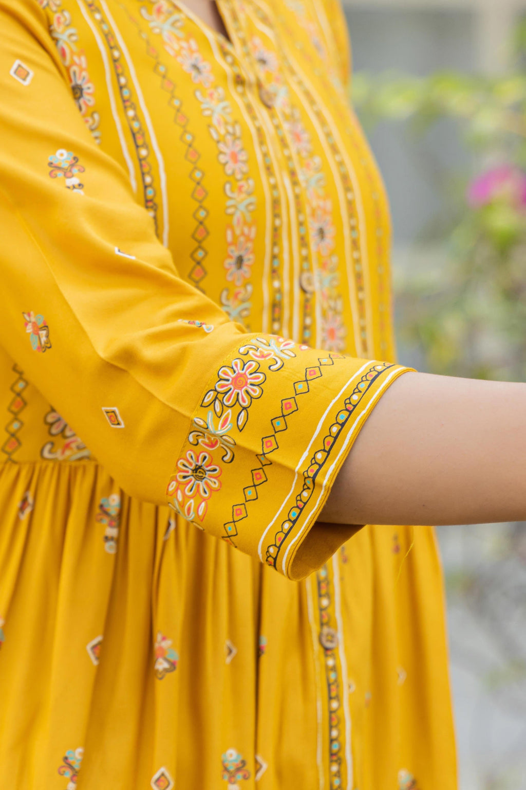 Juniper Women's Mustard Floral Printed Cotton Kurta With Thread Work & Lace