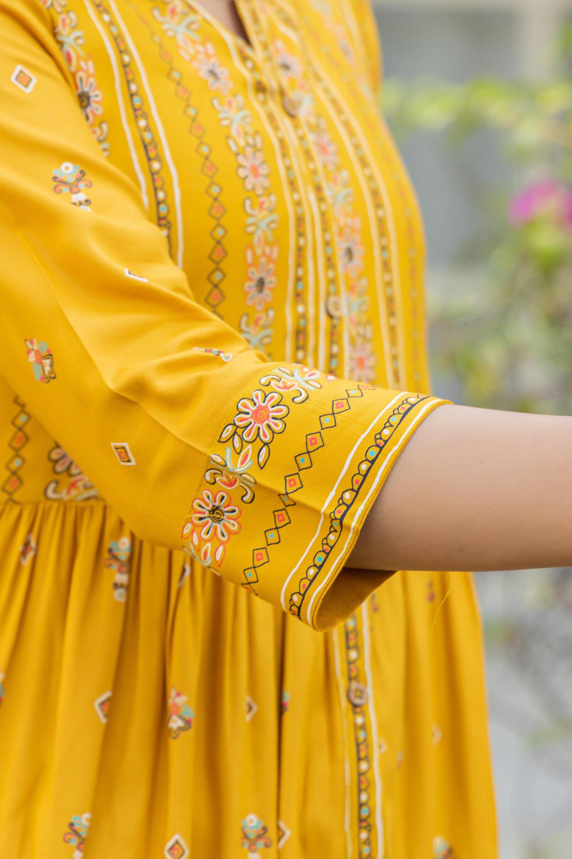 Juniper Women's Mustard Floral Printed Cotton Kurta With Thread Work & Lace
