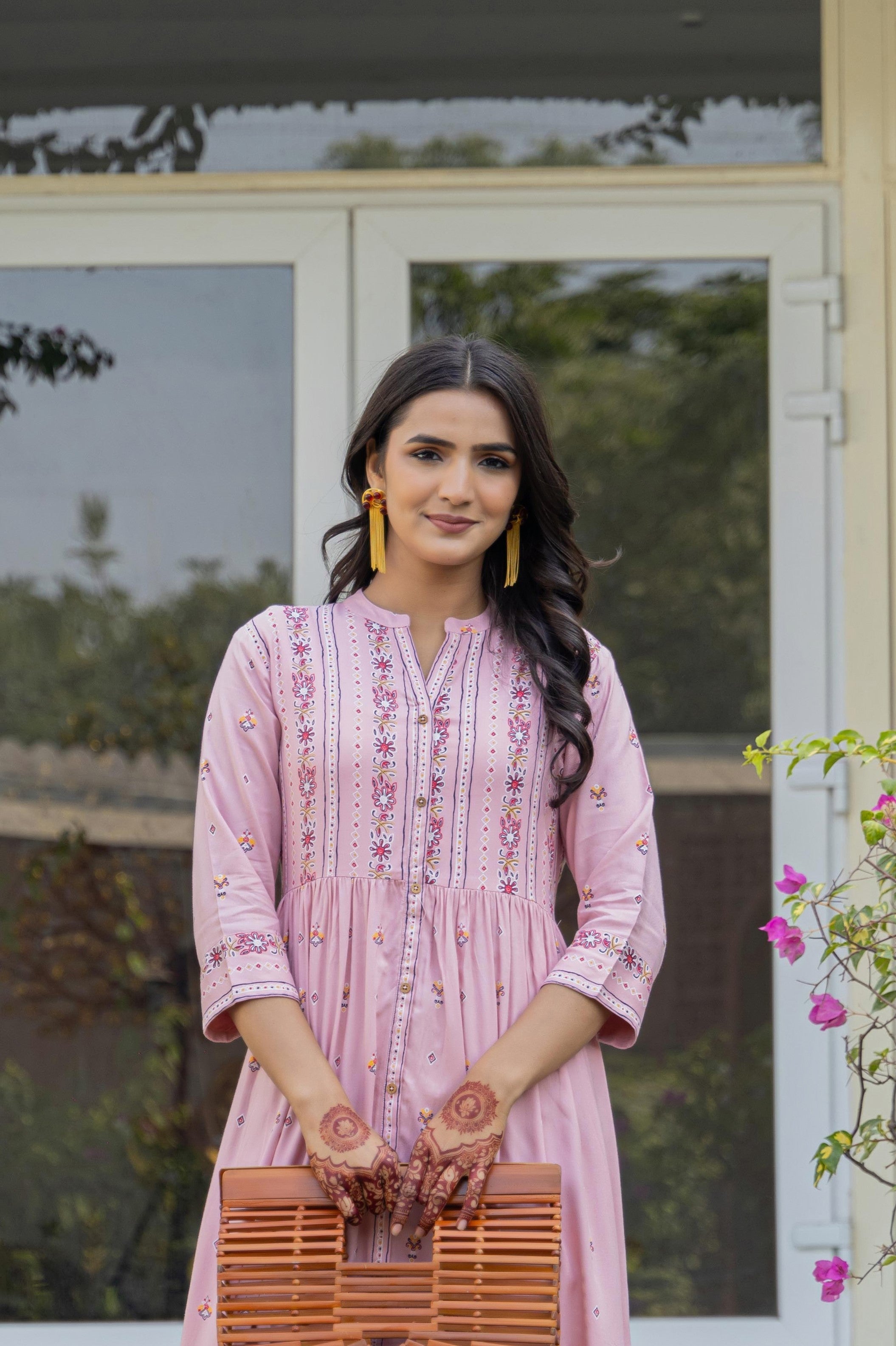 Juniper Pink Floral Printed Viscose Kurta With Buttons