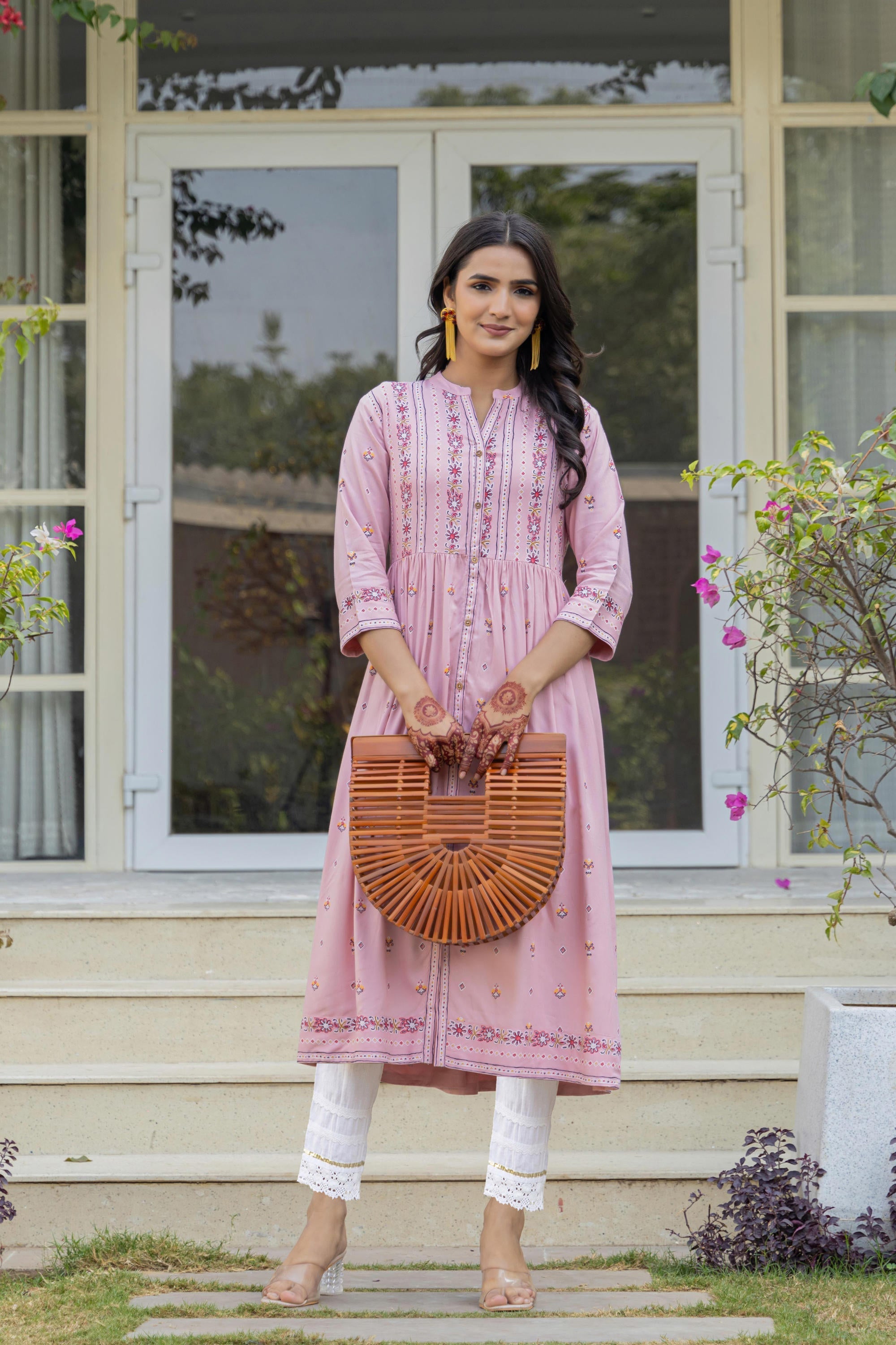 Juniper Pink Floral Printed Viscose Kurta With Buttons