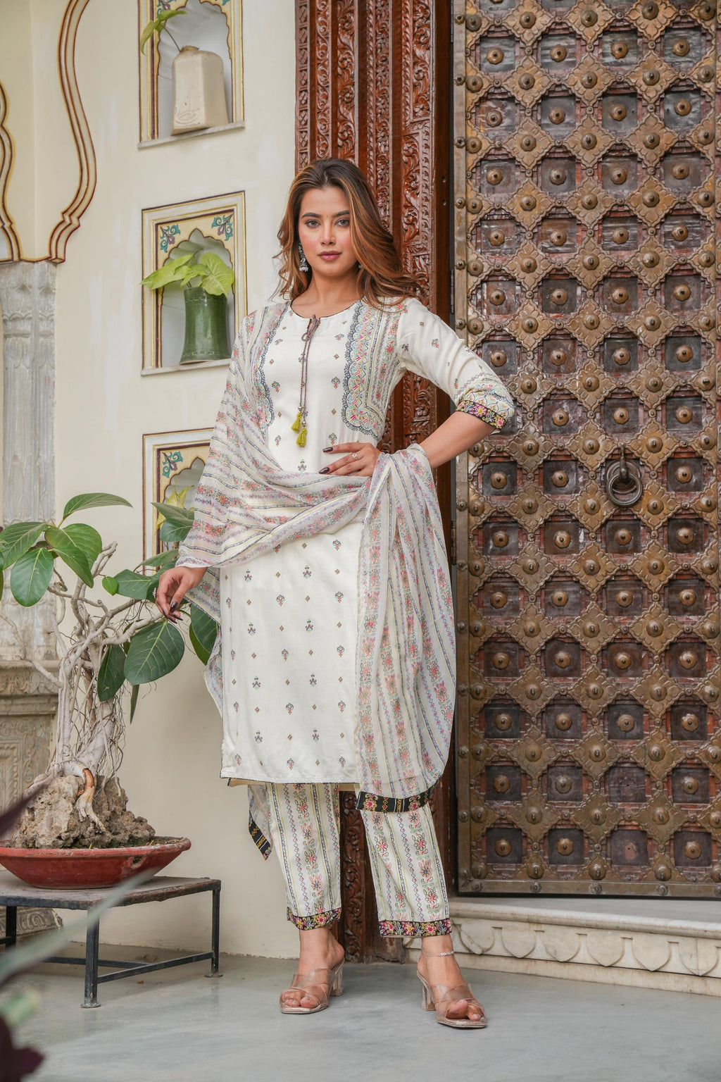 Juniper Off white printed kurta , Printed bottom and floral dupatta with dori and tassel