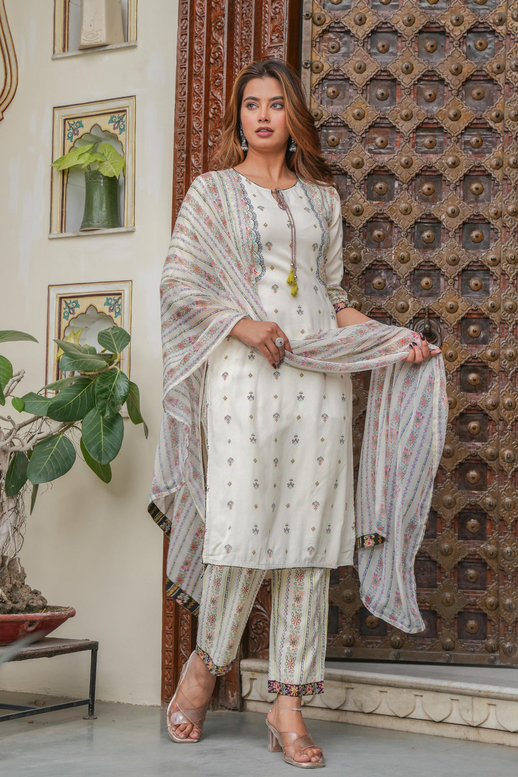 Juniper Off white printed kurta , Printed bottom and floral dupatta with dori and tassel