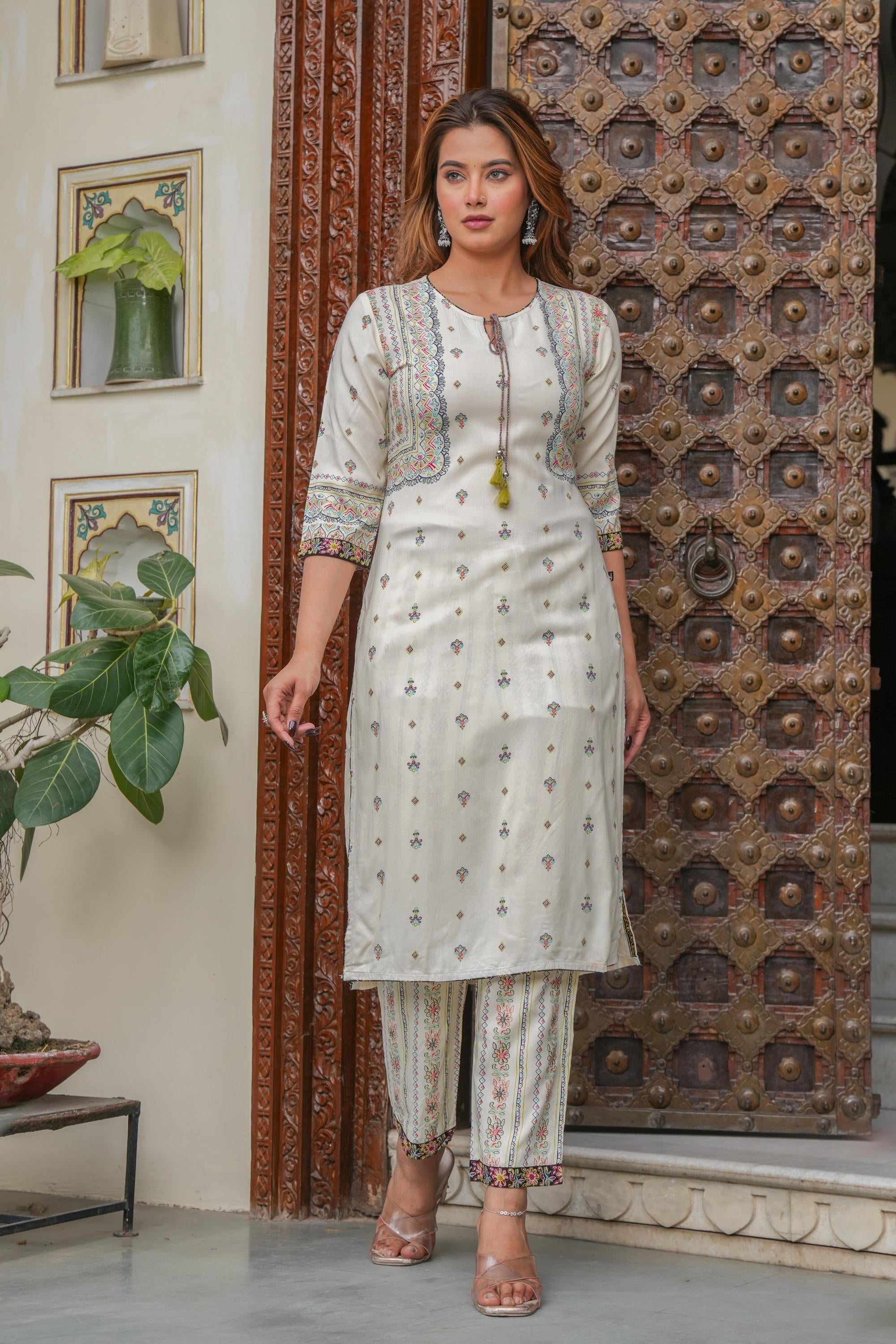 Juniper Off white printed kurta , Printed bottom and floral dupatta with dori and tassel