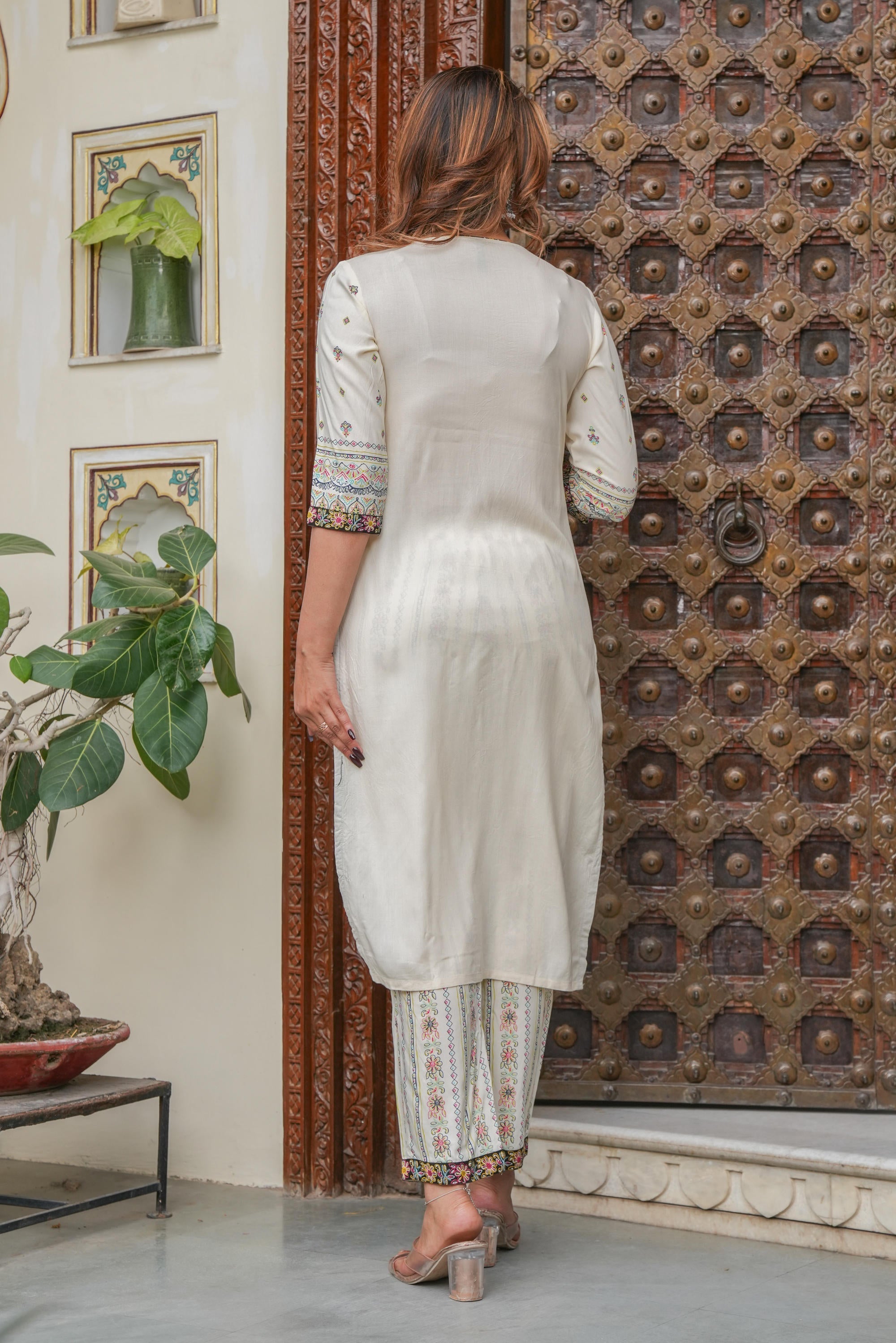 Juniper Off white printed kurta , Printed bottom and floral dupatta with dori and tassel