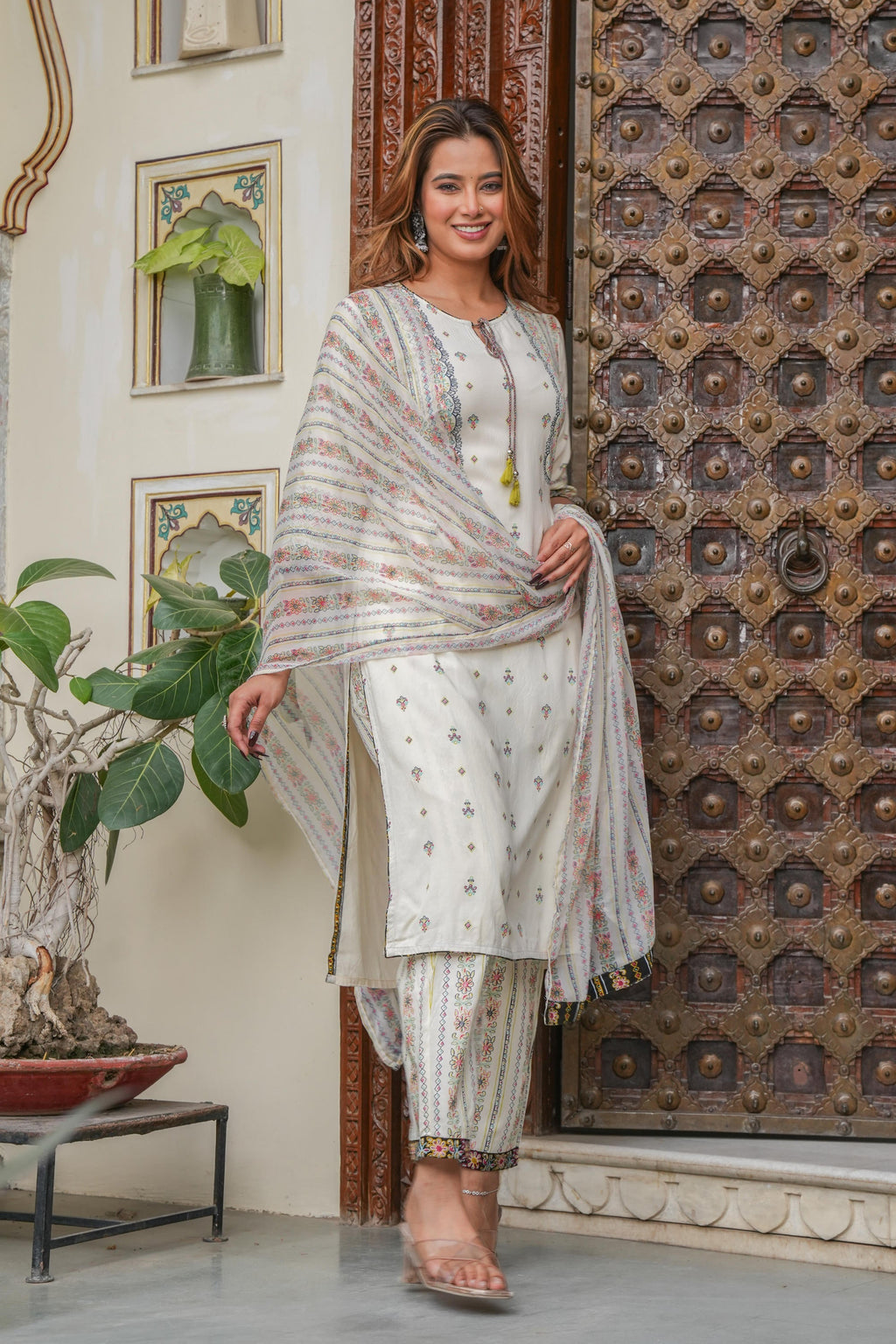 Juniper Off white printed kurta , Printed bottom and floral dupatta with dori and tassel