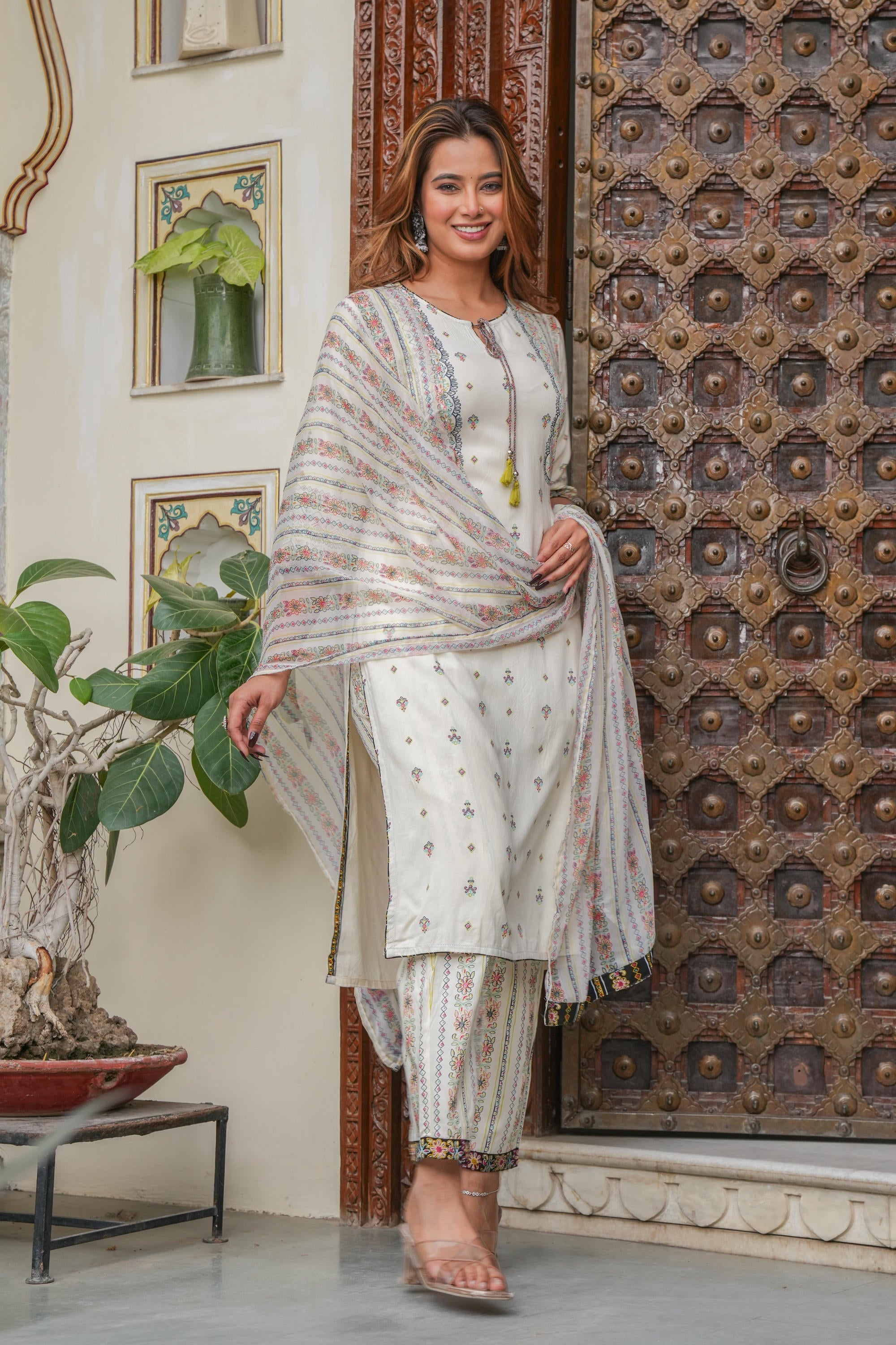 Juniper Off white printed kurta , Printed bottom and floral dupatta with dori and tassel
