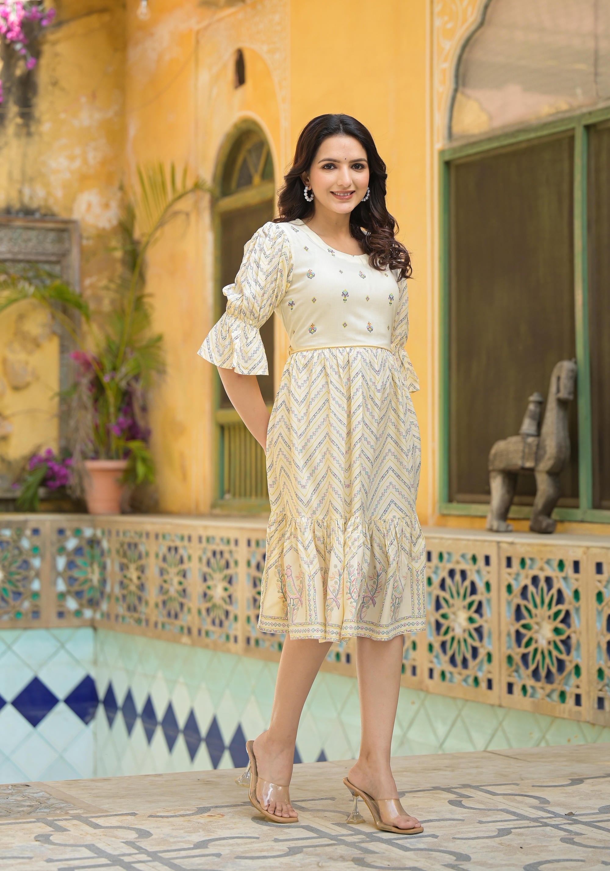 Juniper Ivory Ethnic Motif Printed Viscose Short Dress With Dori