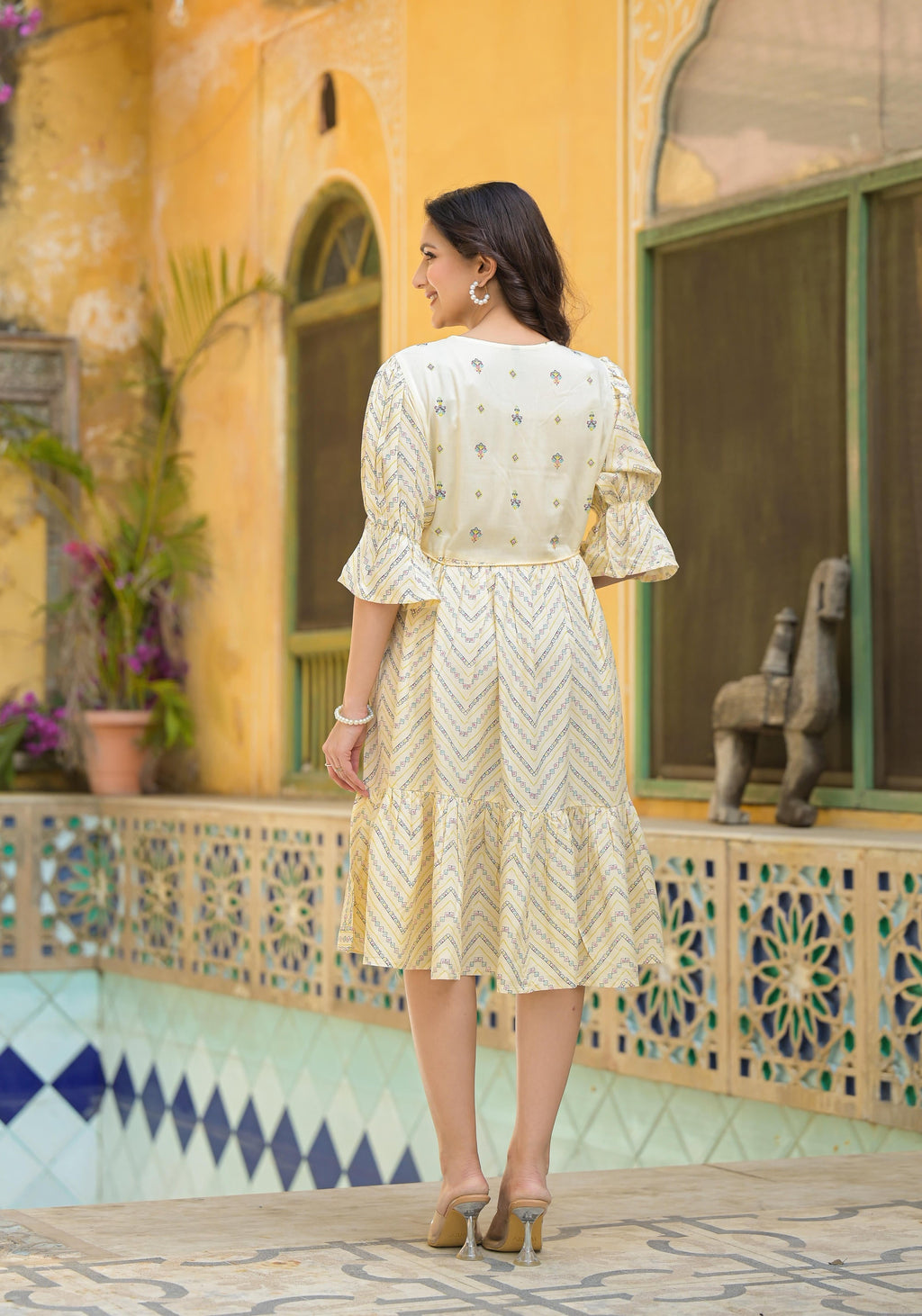 Juniper Ivory Ethnic Motif Printed Viscose Short Dress With Dori