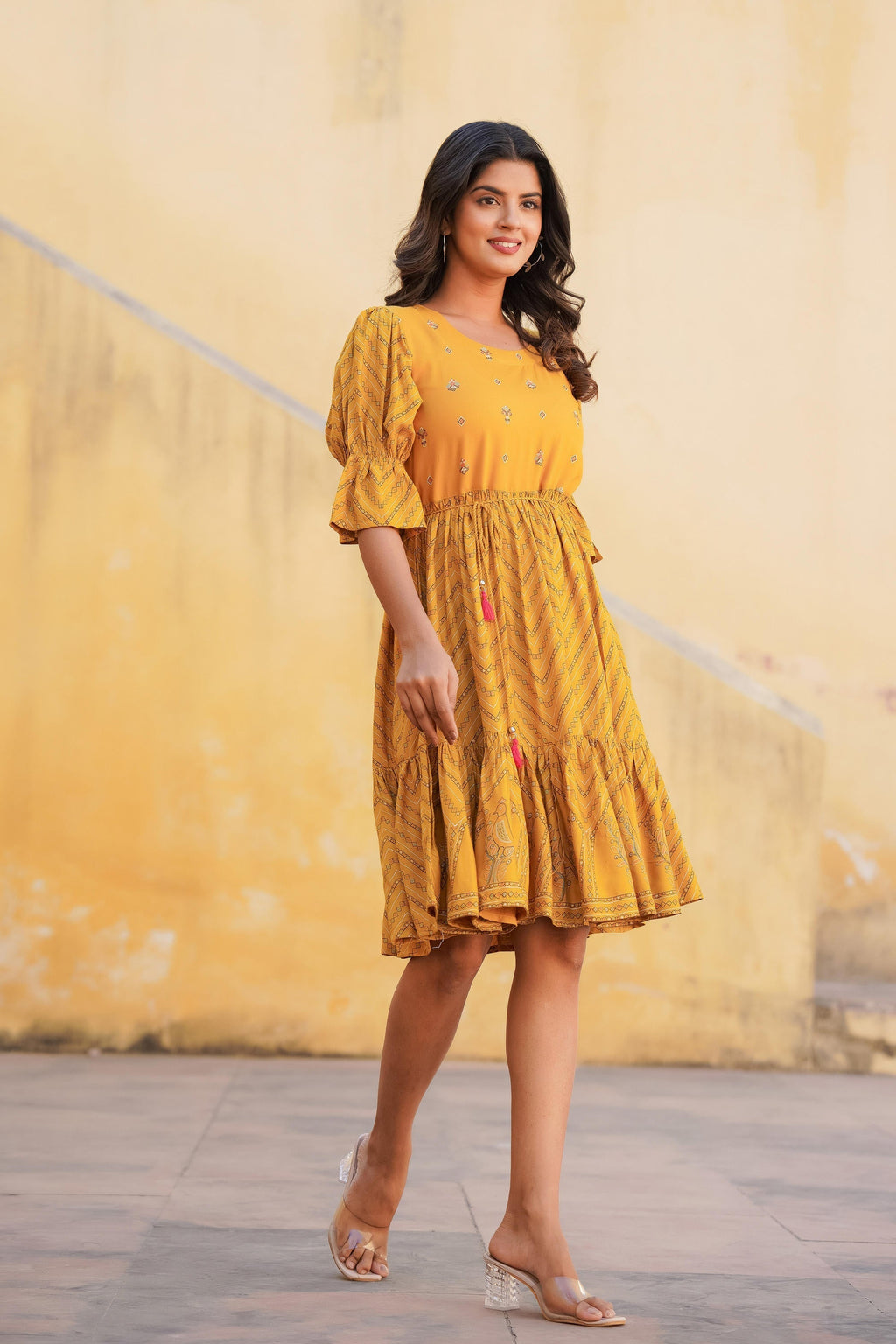 Juniper Mustard Ethnic Motif Printed Viscose Short Dress With Dori