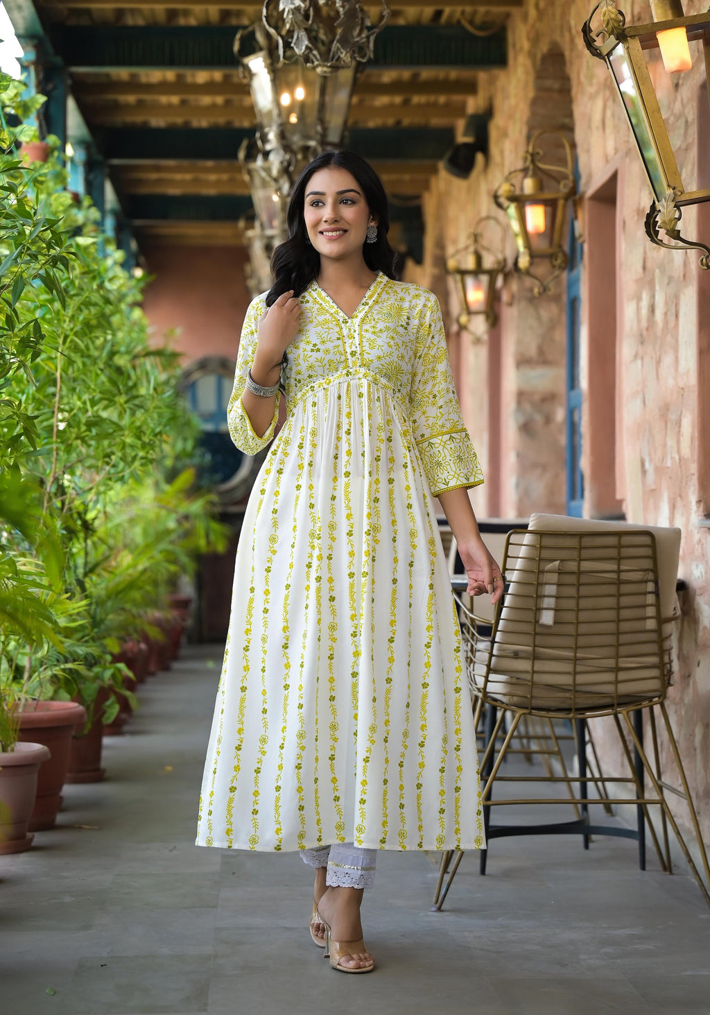 Juniper Women's Off White & Lime Floral Printed Viscose Kurta With Sequins & Thread Work