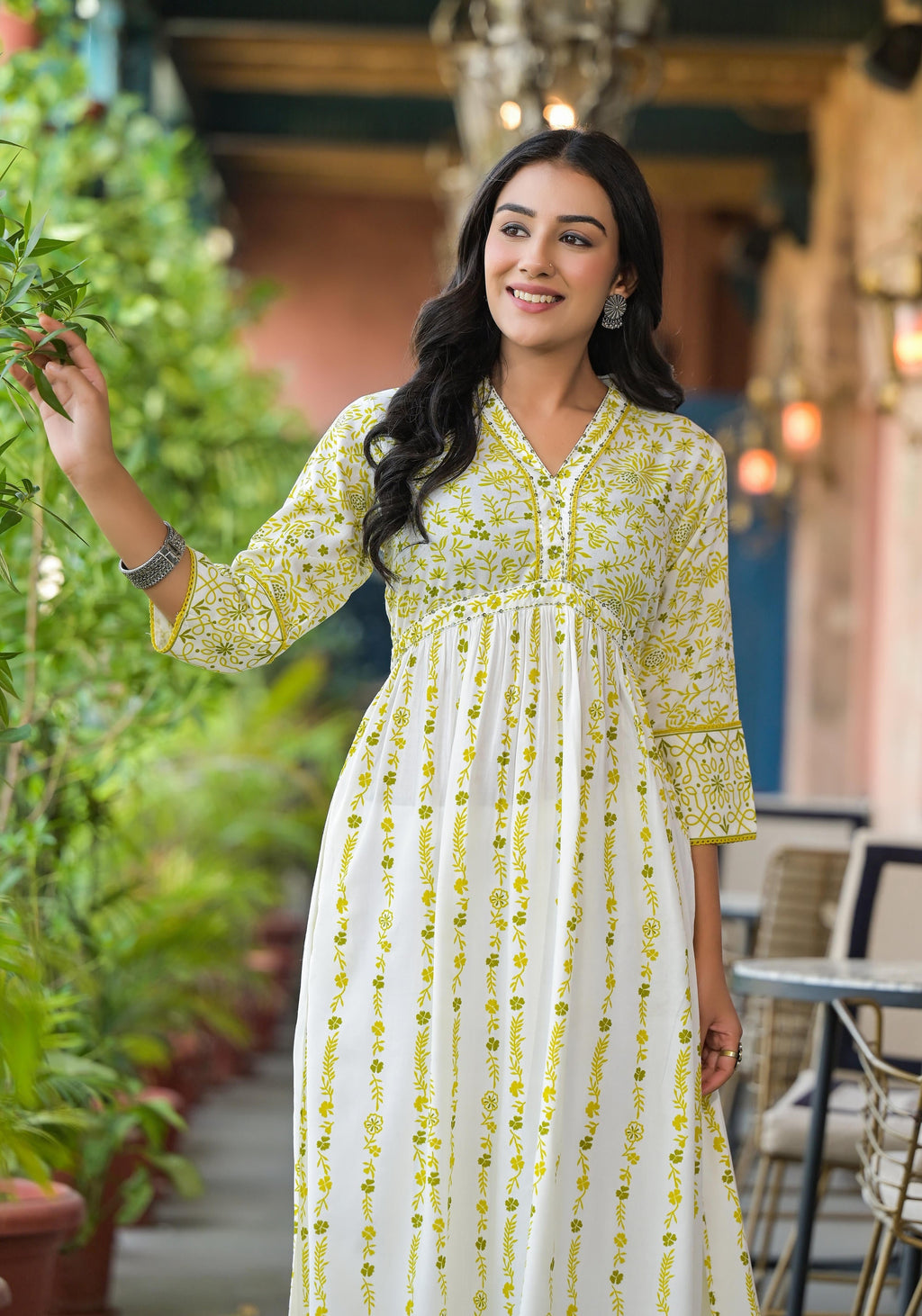 Juniper Women's Off White & Lime Floral Printed Viscose Kurta With Sequins & Thread Work