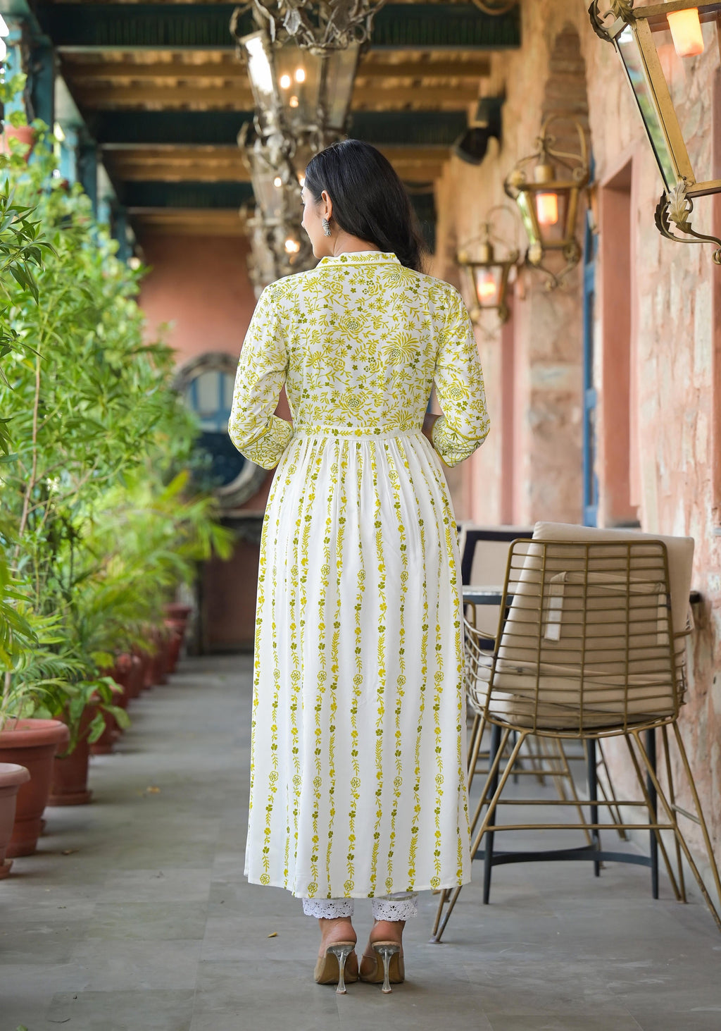 Juniper Women's Off White & Lime Floral Printed Viscose Kurta With Sequins & Thread Work