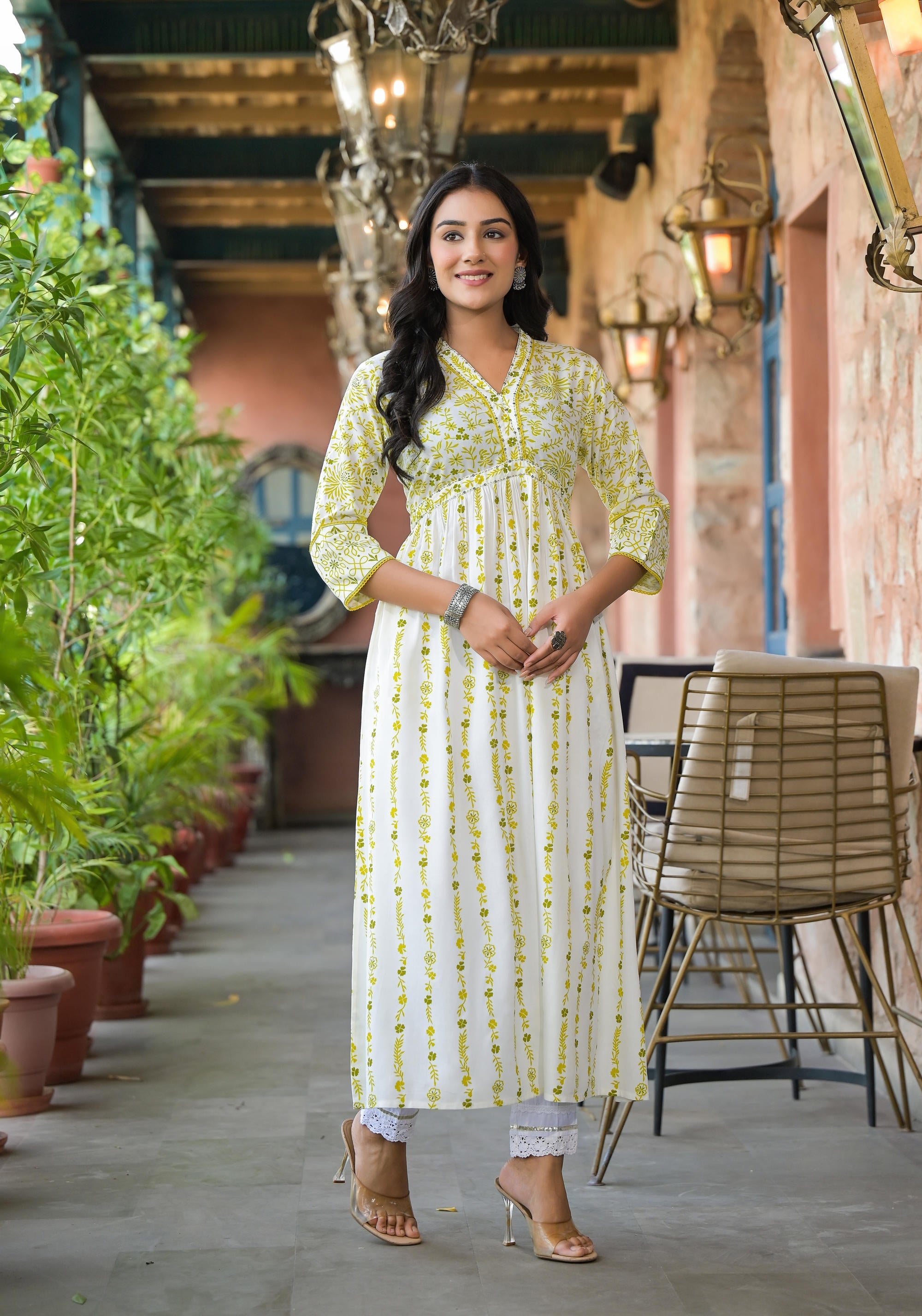 Juniper Women's Off White & Lime Floral Printed Viscose Kurta With Sequins & Thread Work