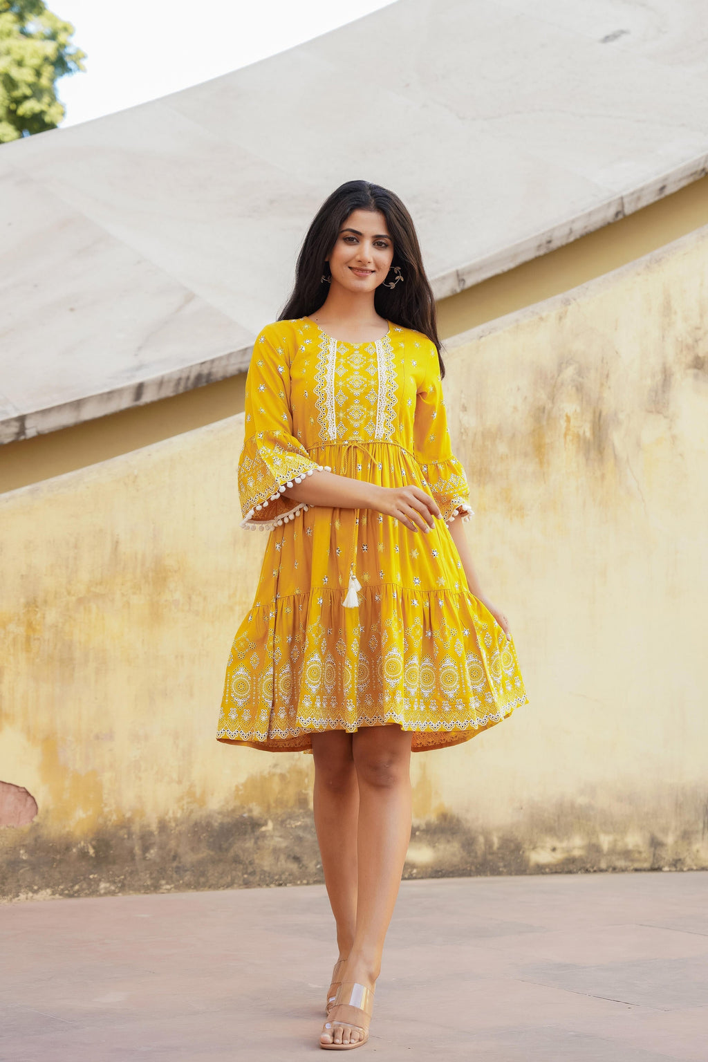 Juniper Women's Mustard Ethnic Motif Printed Viscose Short Dress With Doris & Tassels