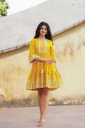 Juniper Mustard Ethnic Motif Printed Viscose Short Dress With Doris & Tassels