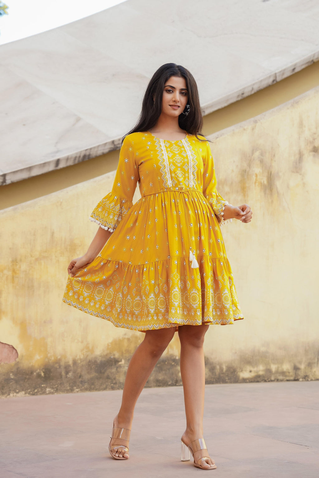Juniper Women's Mustard Ethnic Motif Printed Viscose Short Dress With Doris & Tassels