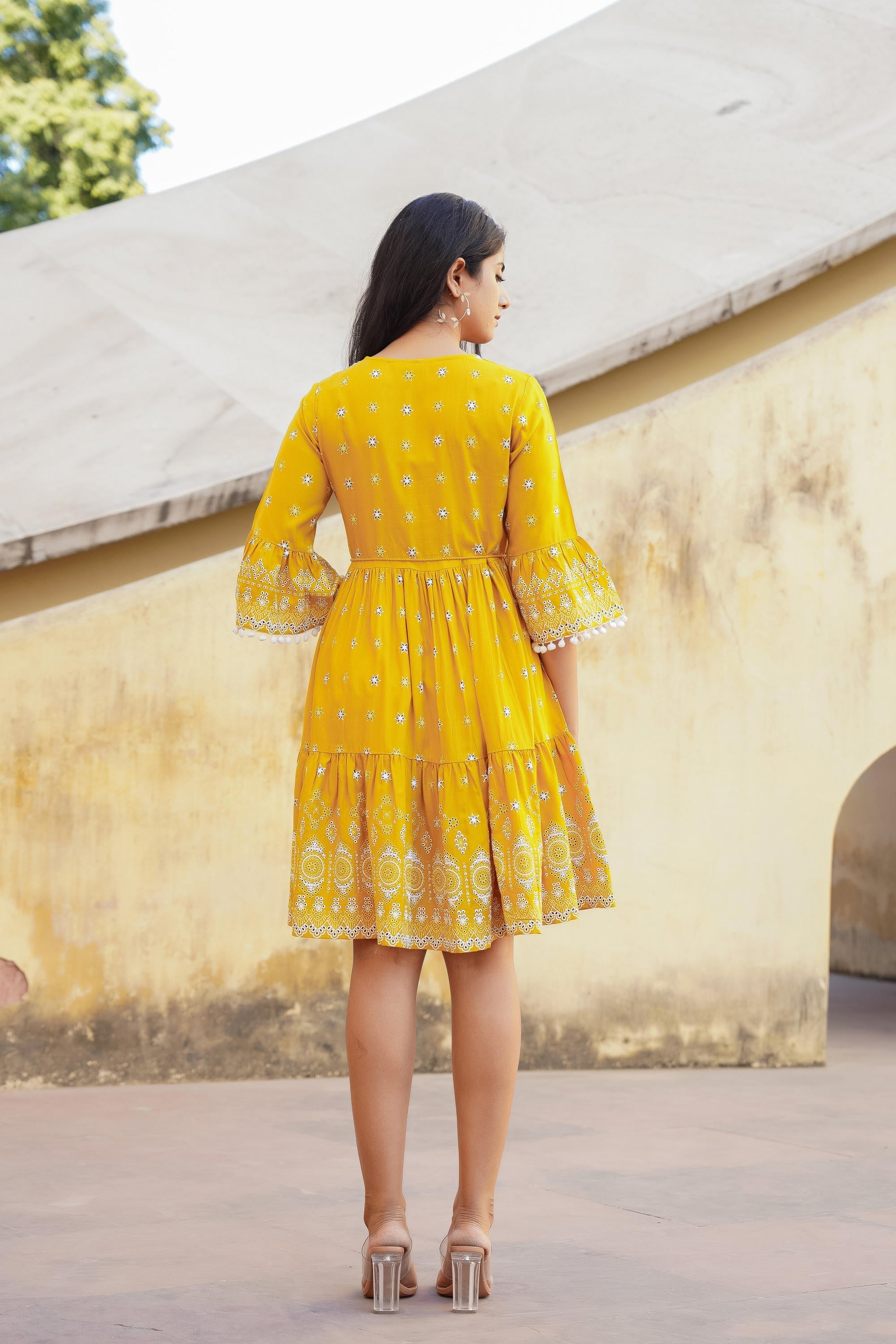 Juniper Women's Mustard Ethnic Motif Printed Viscose Short Dress With Doris & Tassels