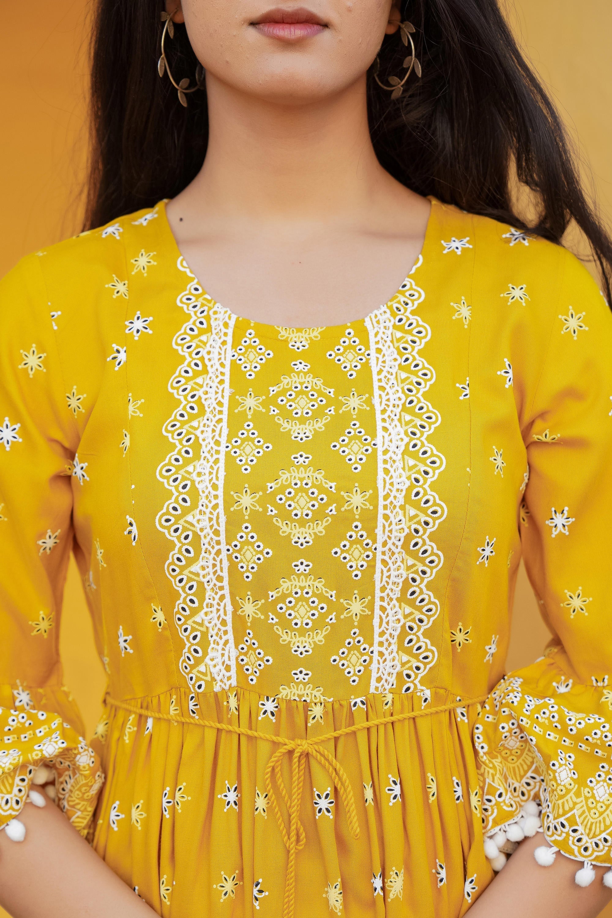 Juniper Women's Mustard Ethnic Motif Printed Viscose Short Dress With Doris & Tassels