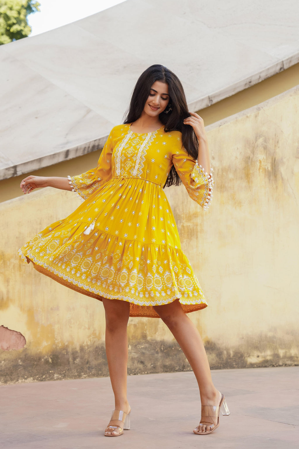 Juniper Women's Mustard Ethnic Motif Printed Viscose Short Dress With Doris & Tassels