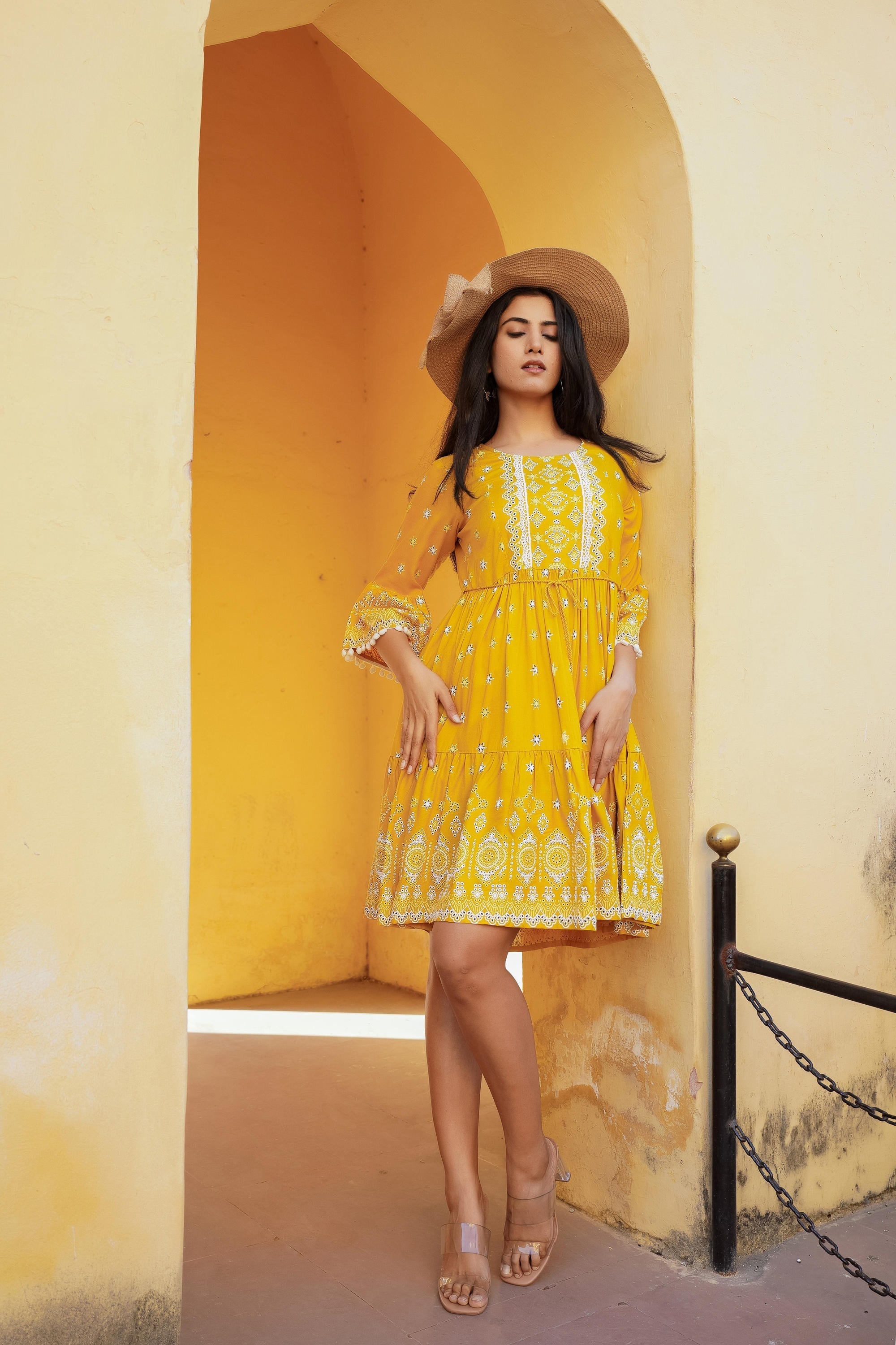 Juniper Women's Mustard Ethnic Motif Printed Viscose Short Dress With Doris & Tassels