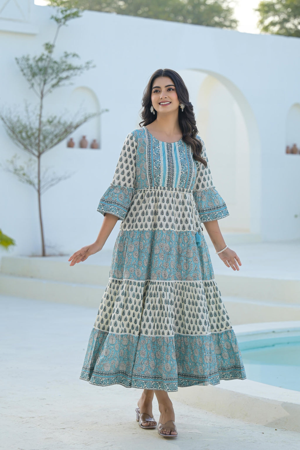 Juniper Women's Sky Blue Ethnic Motif Printed Cotton Long Dress With Doris & Tassels