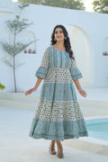 Juniper Sky Blue Ethnic Motif Printed Cotton Long Dress With Doris & Tassels