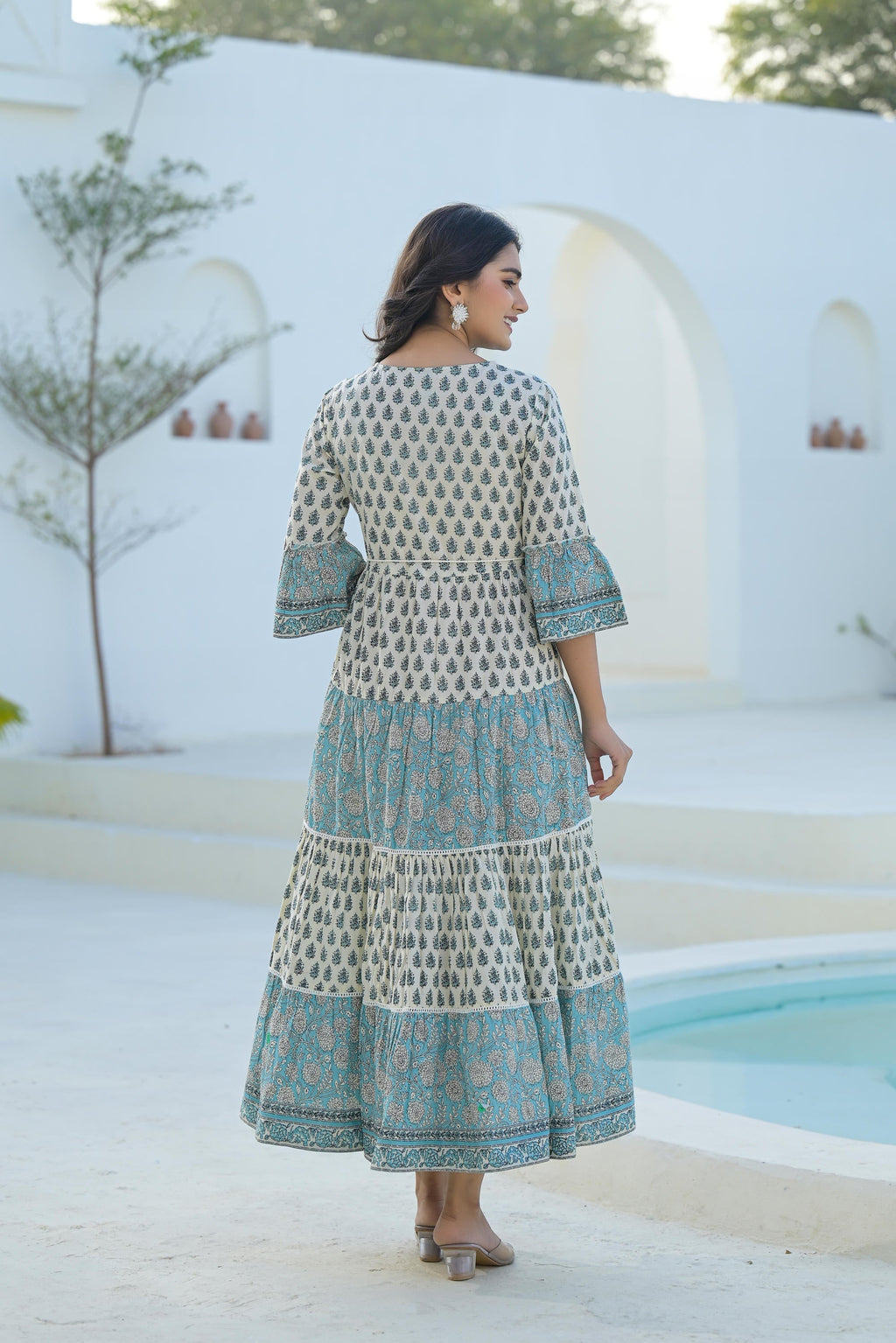 Juniper Women's Sky Blue Ethnic Motif Printed Cotton Long Dress With Doris & Tassels