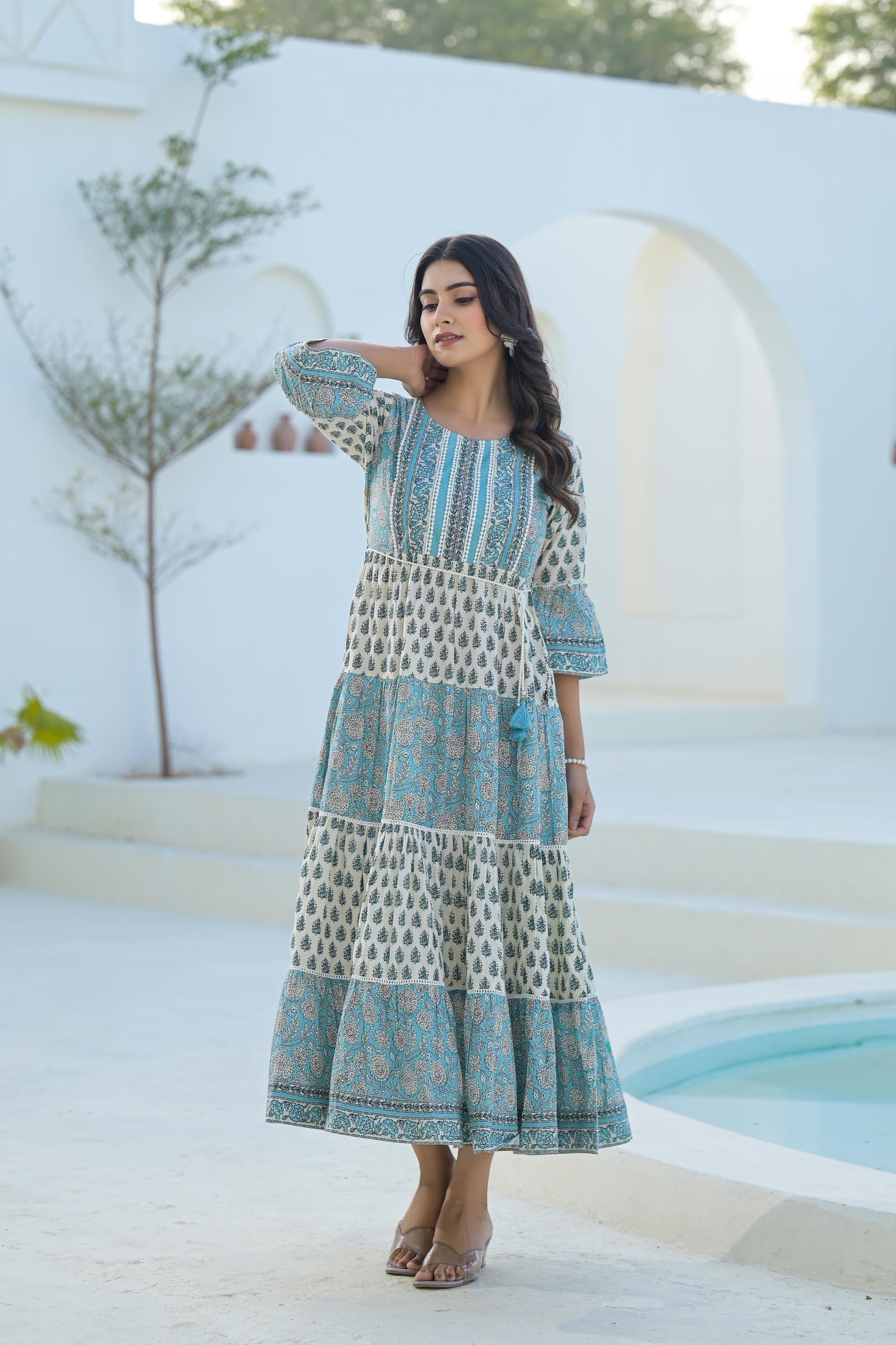 Juniper Women's Sky Blue Ethnic Motif Printed Cotton Long Dress With Doris & Tassels