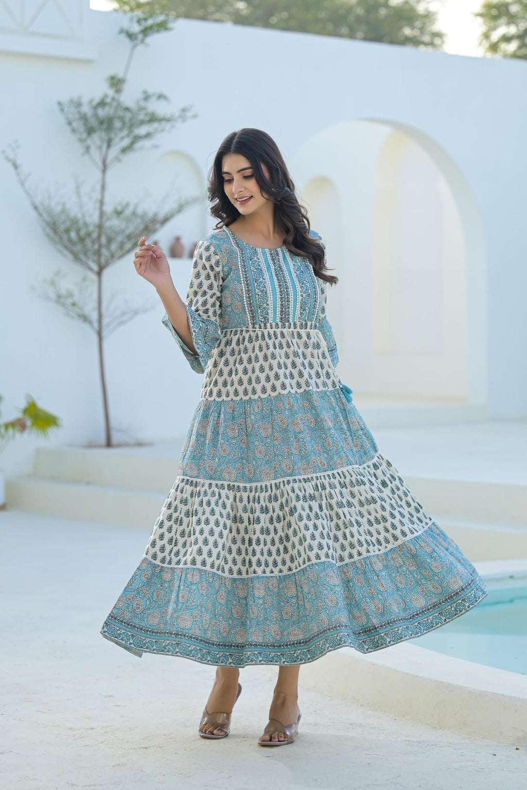 Juniper Women's Sky Blue Ethnic Motif Printed Cotton Long Dress With Doris & Tassels