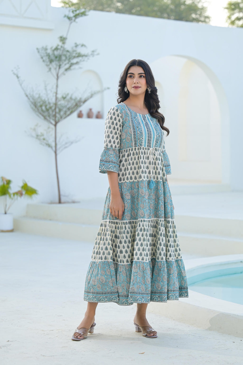 Juniper Women's Sky Blue Ethnic Motif Printed Cotton Long Dress With Doris & Tassels