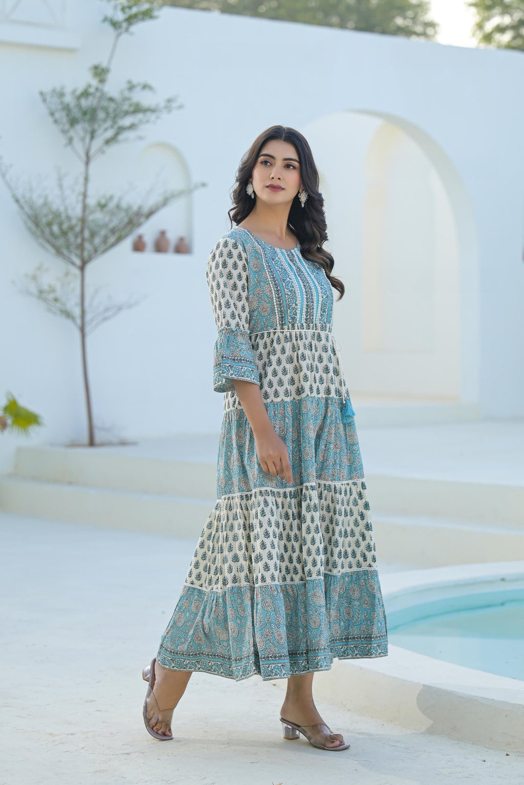 Juniper Women's Sky Blue Ethnic Motif Printed Cotton Long Dress With Doris & Tassels