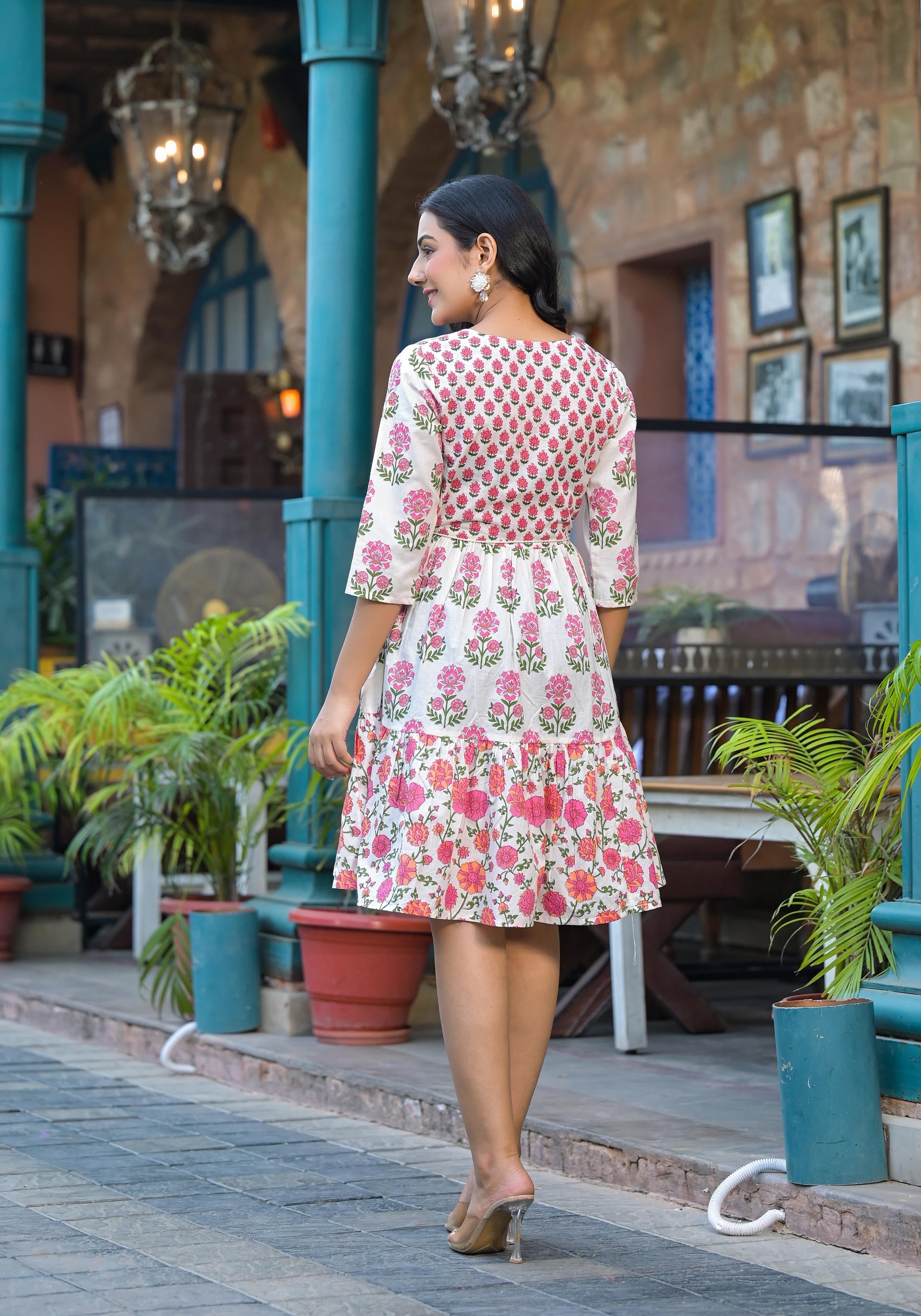 Juniper Women's Off Lime Floral Printed Cotton Short Dress With Doris