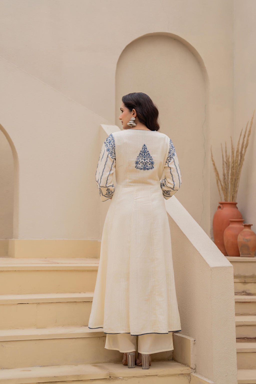 Juniper Off-White Anarkali Kurta Set With Blue Embroidery And Organza Dupatta