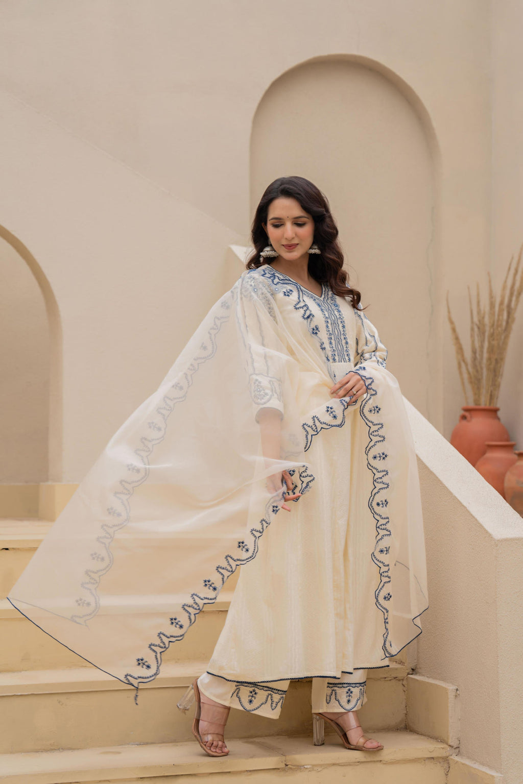 Juniper Off-white Anarkali Kurta Set with Blue Embroidery and Organza Dupatta