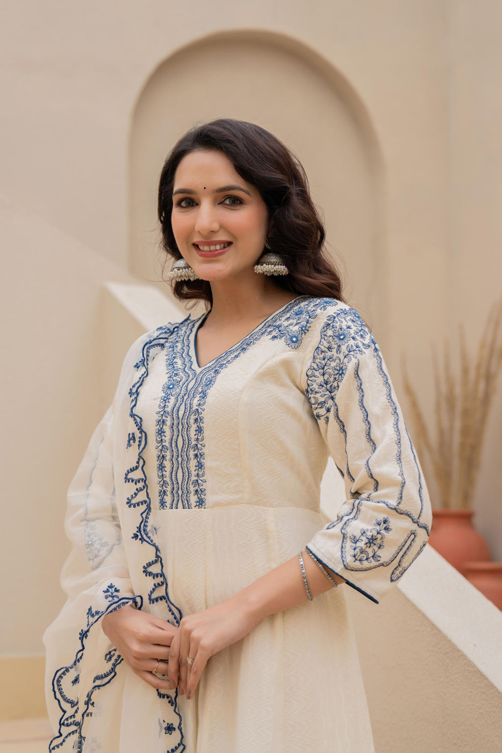 Juniper Off-white Anarkali Kurta Set with Blue Embroidery and Organza Dupatta