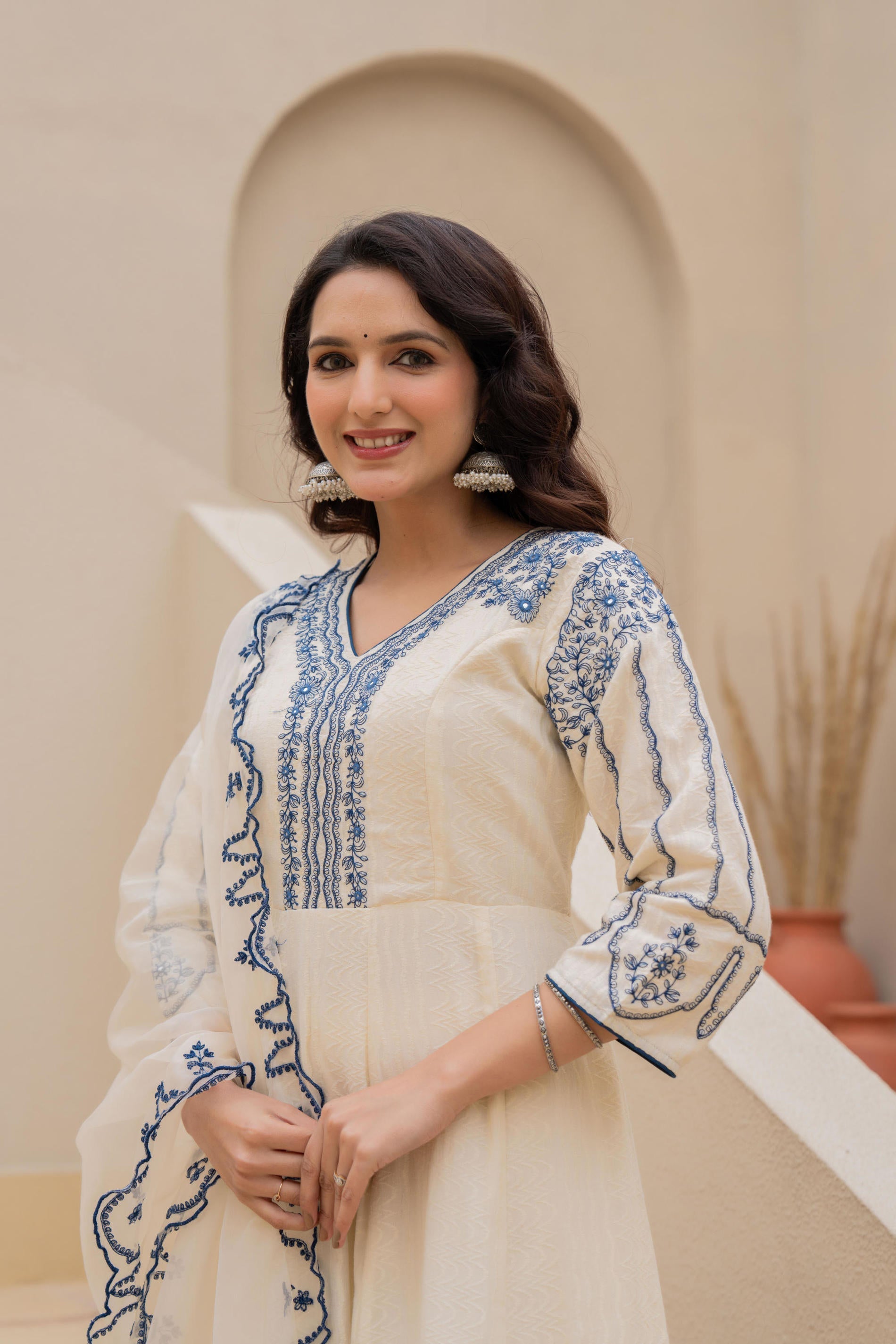 Juniper Off-white Anarkali Kurta Set with Blue Embroidery and Organza Dupatta