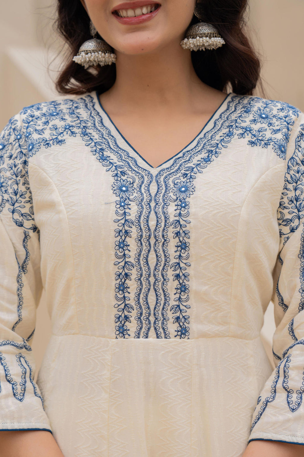 Juniper Off-white Anarkali Kurta Set with Blue Embroidery and Organza Dupatta