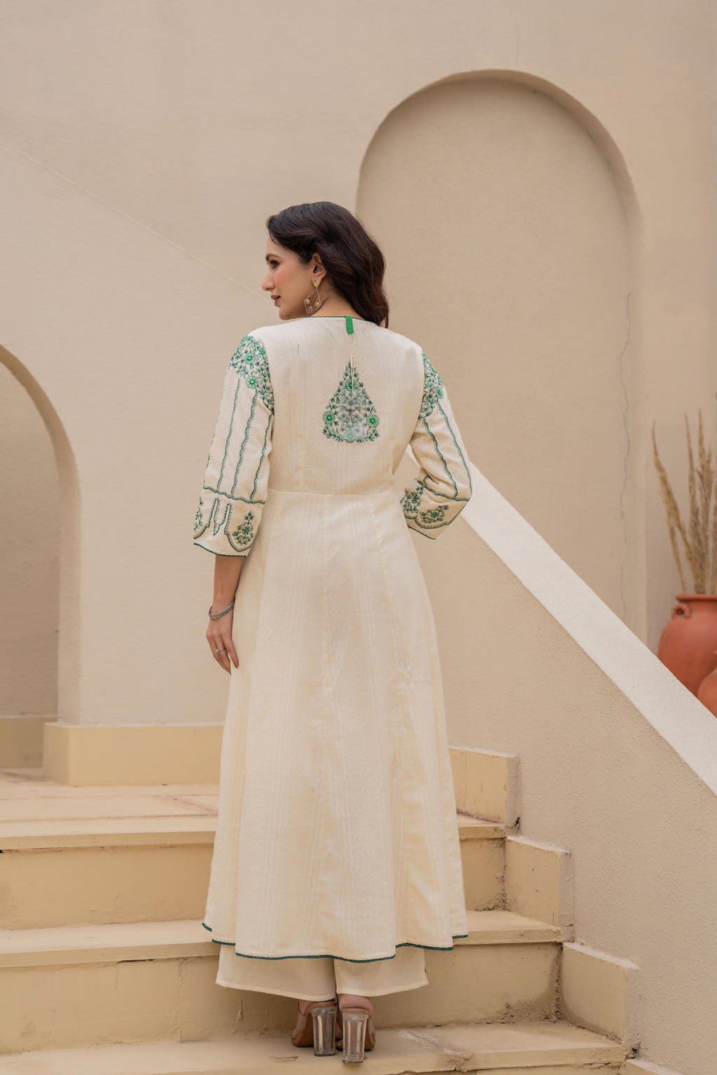 Juniper Off-white Anarkali Kurta Set with Green Embroidery and Organza Dupatta