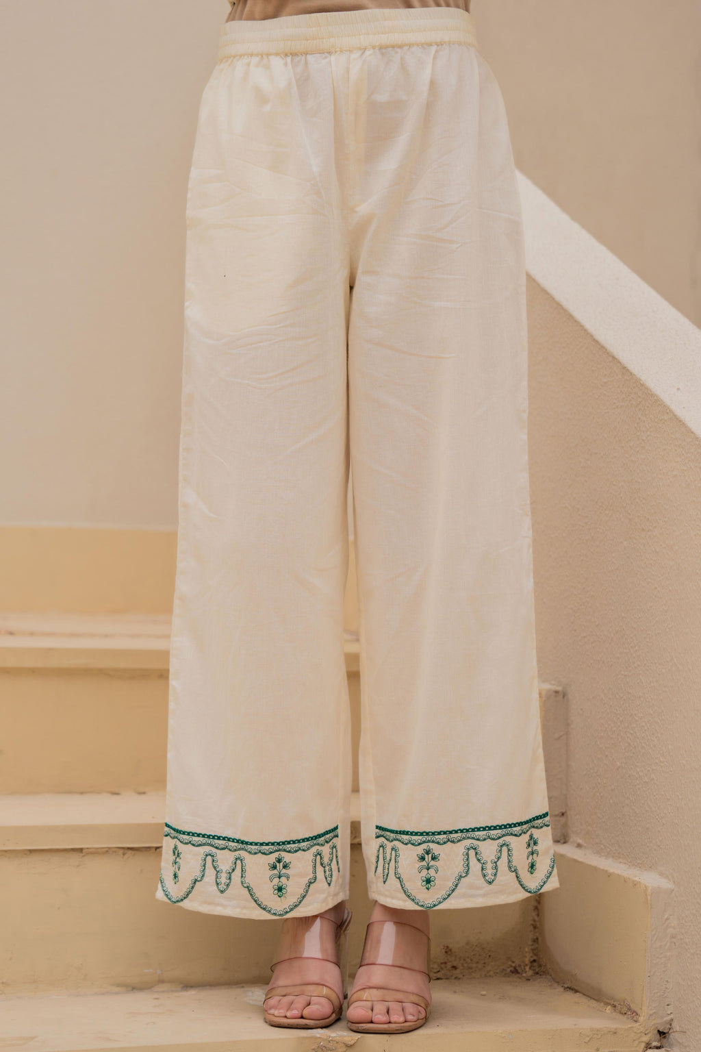 Juniper Off-white Anarkali Kurta Set with Green Embroidery and Organza Dupatta