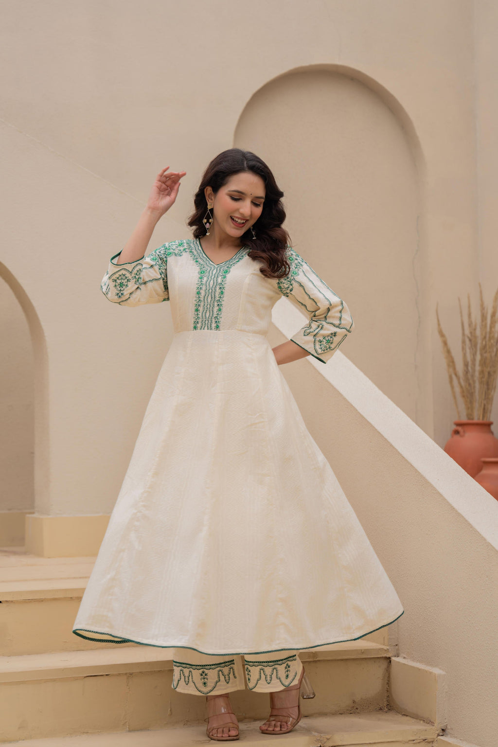 Juniper Off-white Anarkali Kurta Set with Green Embroidery and Organza Dupatta