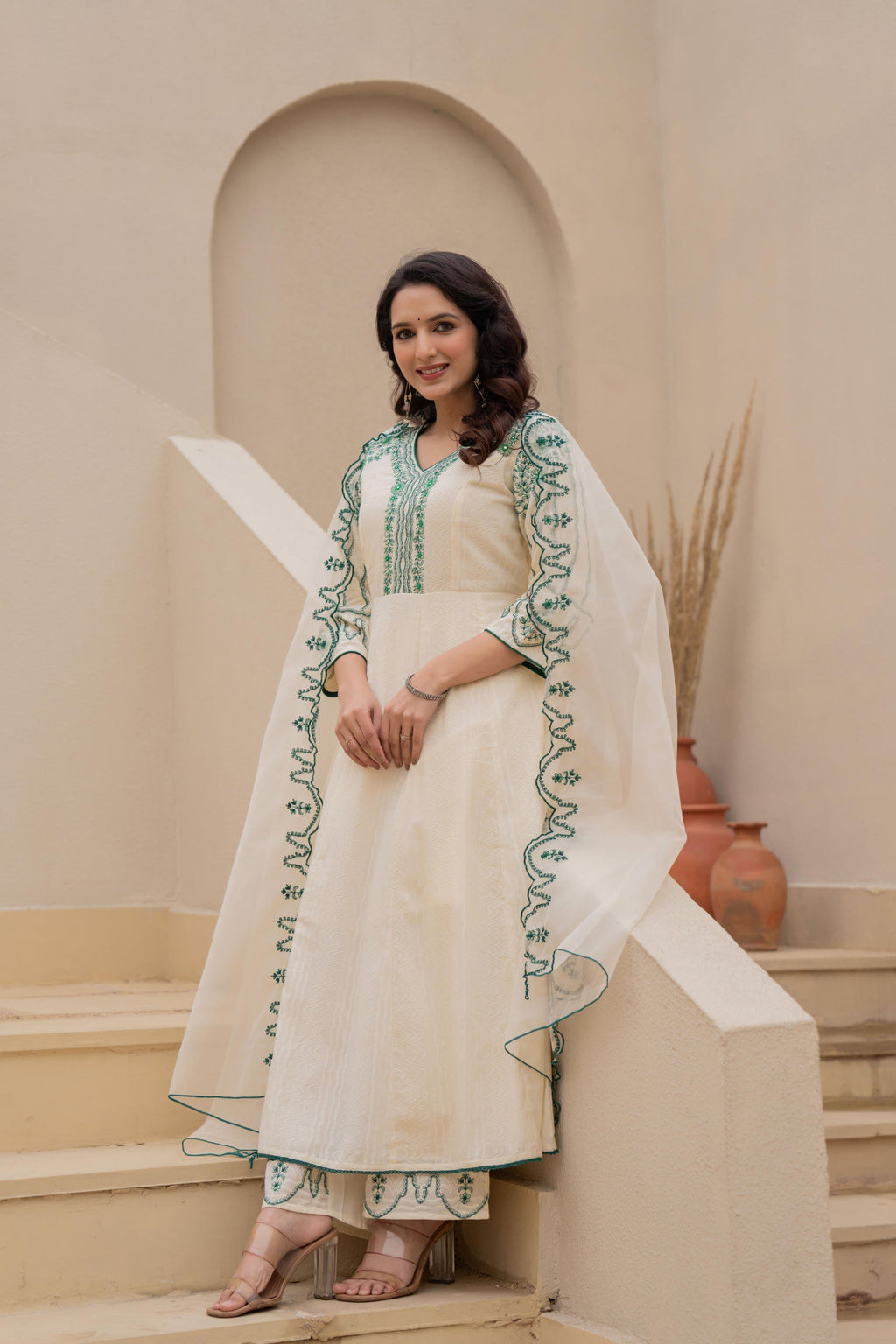 Juniper Off-white Anarkali Kurta Set with Green Embroidery and Organza Dupatta