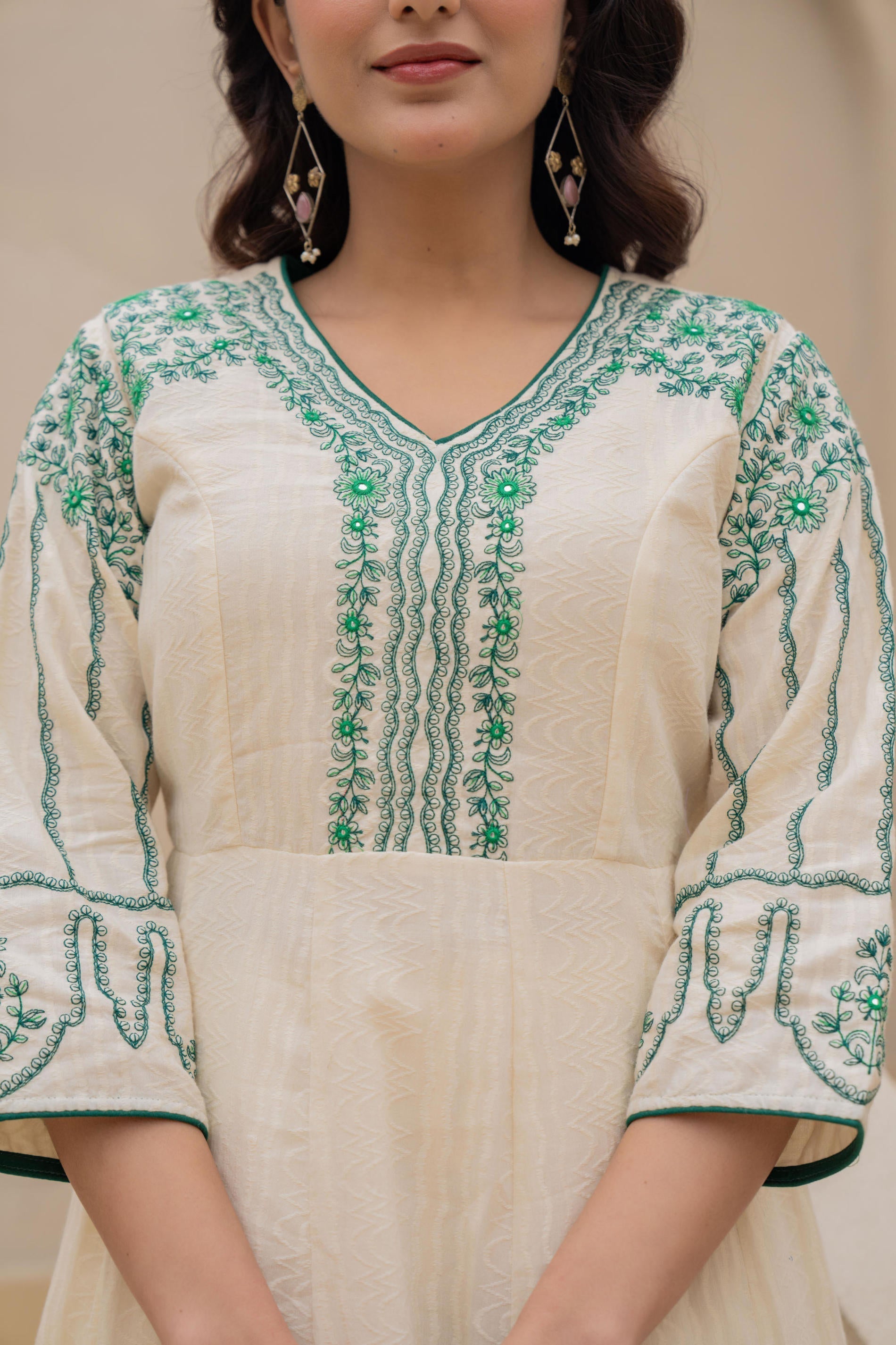 Juniper Off-white Anarkali Kurta Set with Green Embroidery and Organza Dupatta