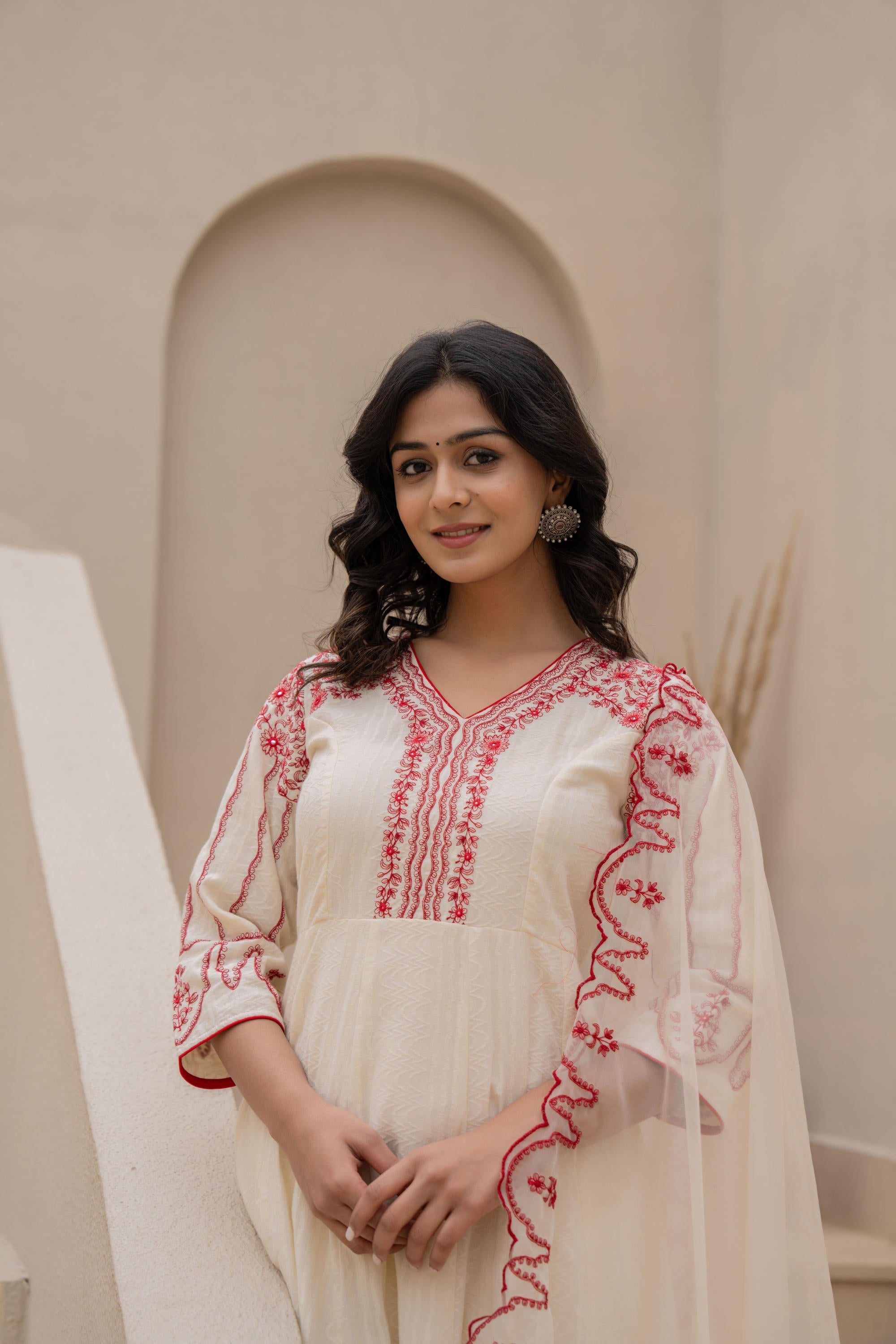 Juniper Off-white Anarkali Kurta Set with Red Embroidery and Organza Dupatta