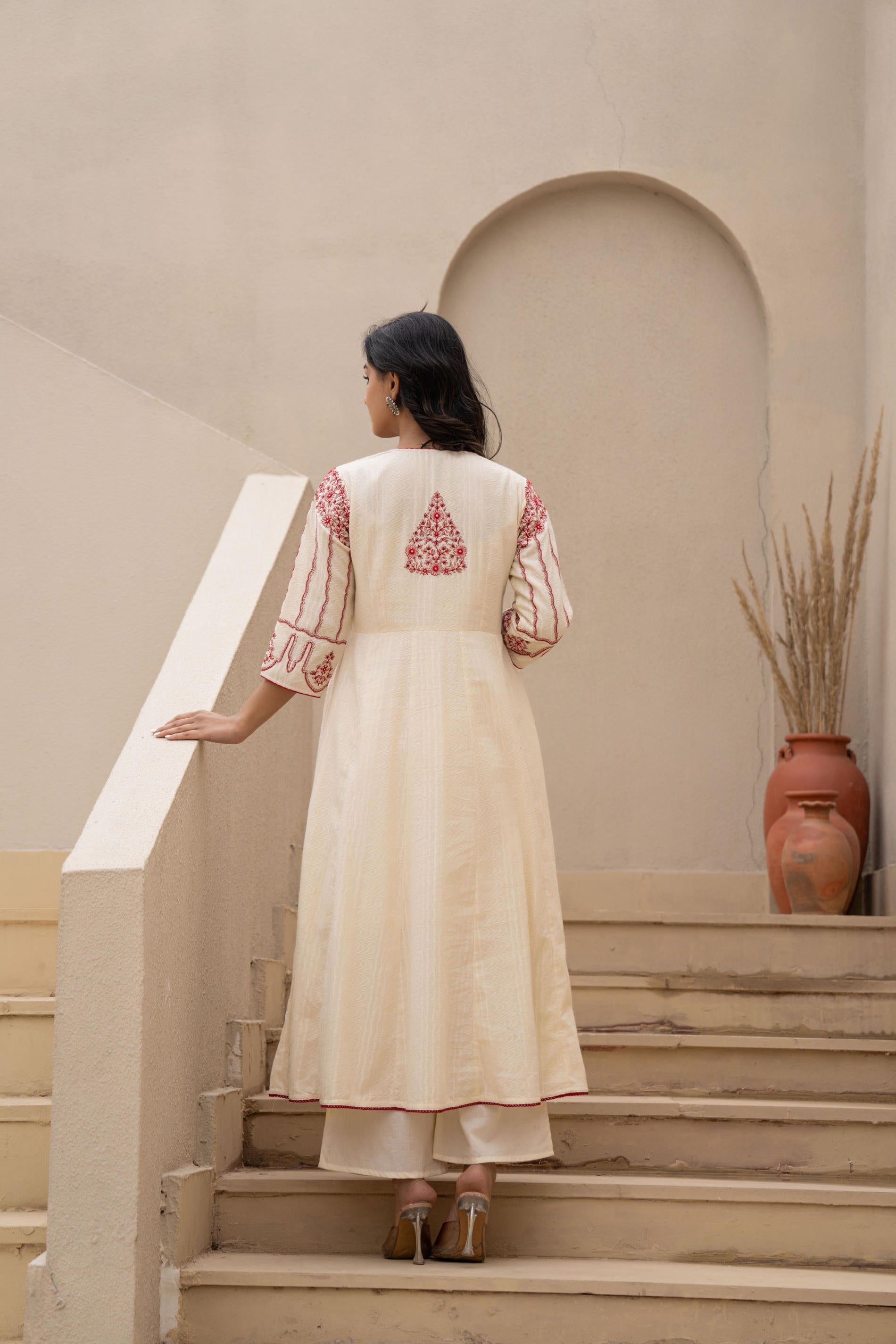Juniper Off-white Anarkali Kurta Set with Red Embroidery and Organza Dupatta