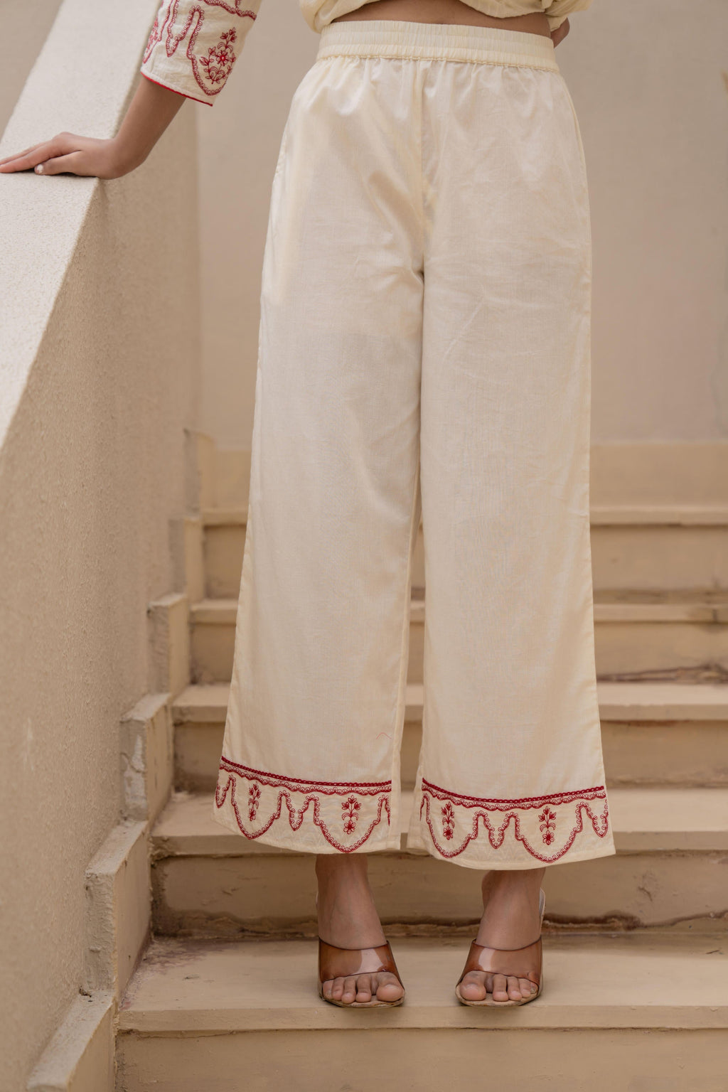 Juniper Off-white Anarkali Kurta Set with Red Embroidery and Organza Dupatta