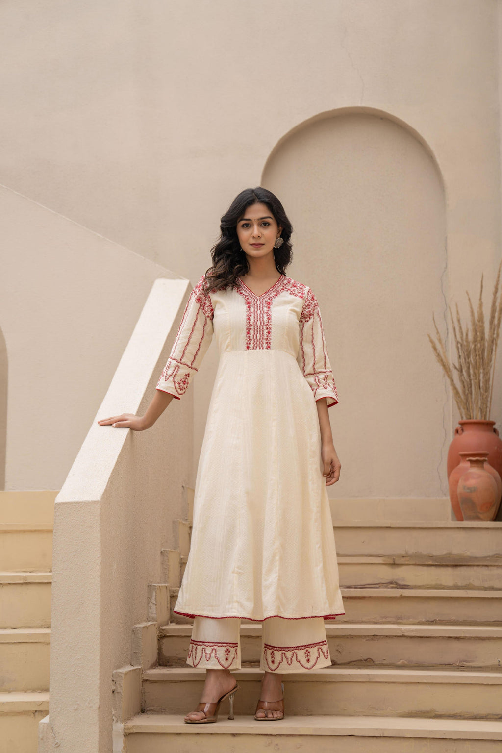 Juniper Off-white Anarkali Kurta Set with Red Embroidery and Organza Dupatta