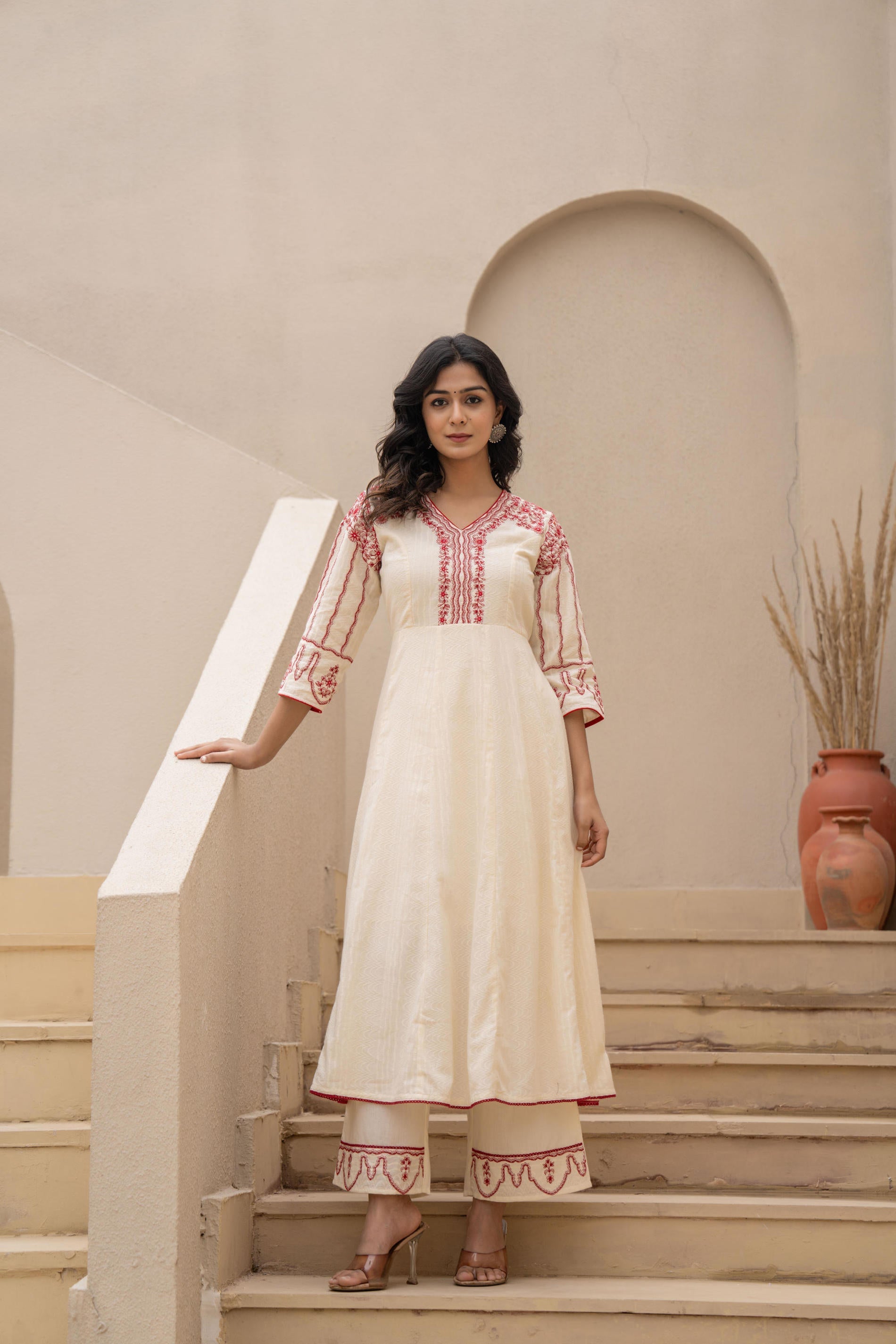 Juniper Off-white Anarkali Kurta Set with Red Embroidery and Organza Dupatta