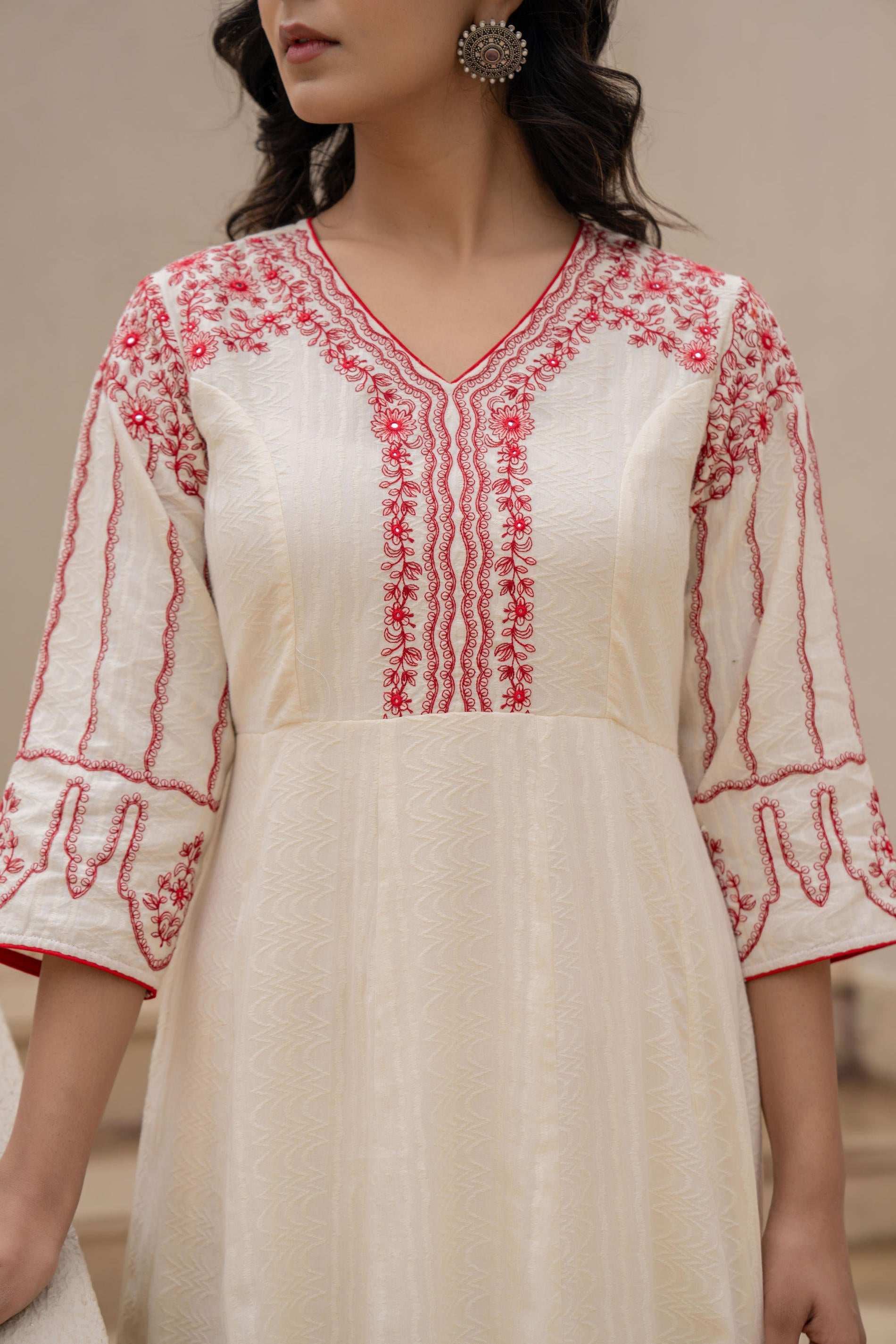 Juniper Off-white Anarkali Kurta Set with Red Embroidery and Organza Dupatta