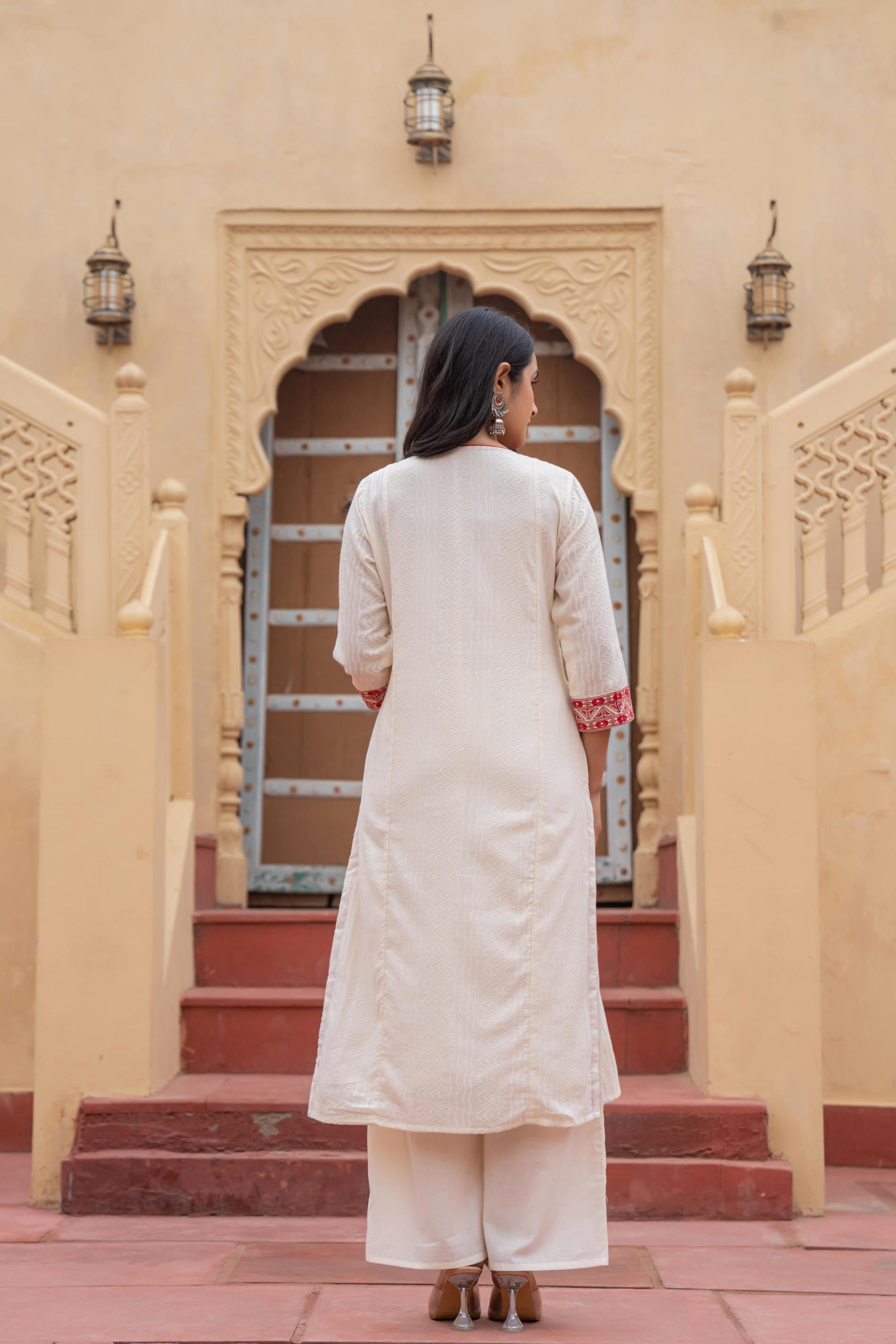 Juniper Off White & Red Solid Cotton Kurta & Pant Set With Dupatta